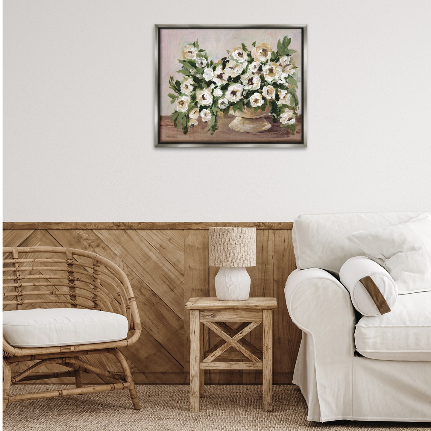 Stupell Industries Traditional Beige Flowers Floater Framed Canvas Wall Art Design by Amanda Hilburn