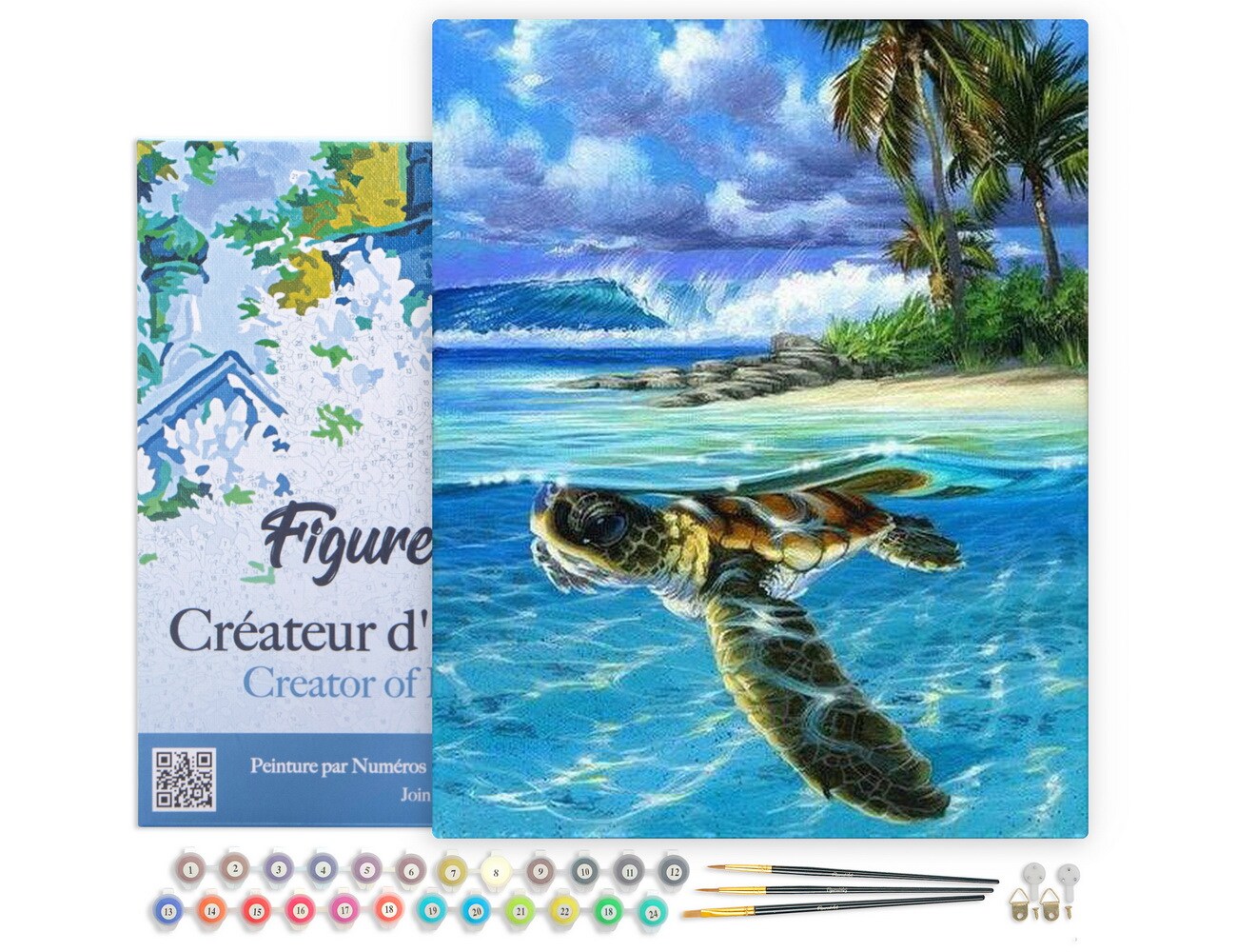 Figured'Art Paint by Numbers for Adults with Frame Relaxing Turtle 16"x20" - Craft Art Painting DIY Kit Canvas Already Stretched on a Wooden Frame