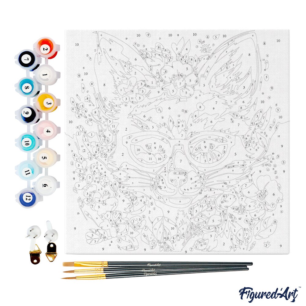 Figured&#x27;Art Mini Paint by Numbers Kit for Adults with Frame Fantasy fox and flowers Small format 8&#x22;x8&#x22; - Craft Art Painting DIY Canvas Already Stretched on a Wooden Frame