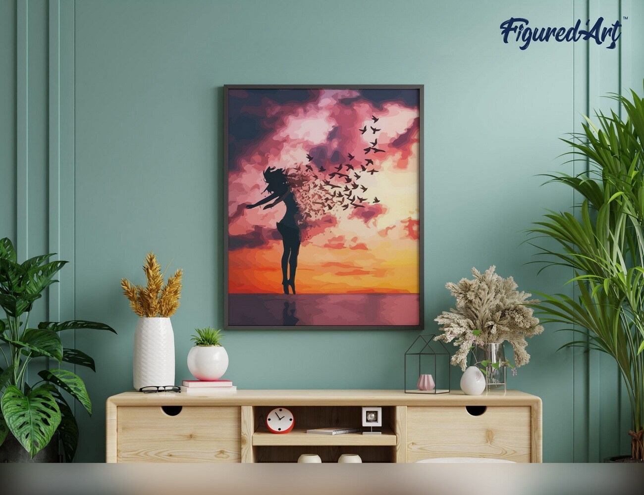 Figured&#x27;Art Paint by Numbers for Adults with Frame Women and Birds at Sunrise 16&#x22;x20&#x22; - Craft Art Painting DIY Kit Canvas Already Stretched on a Wooden Frame