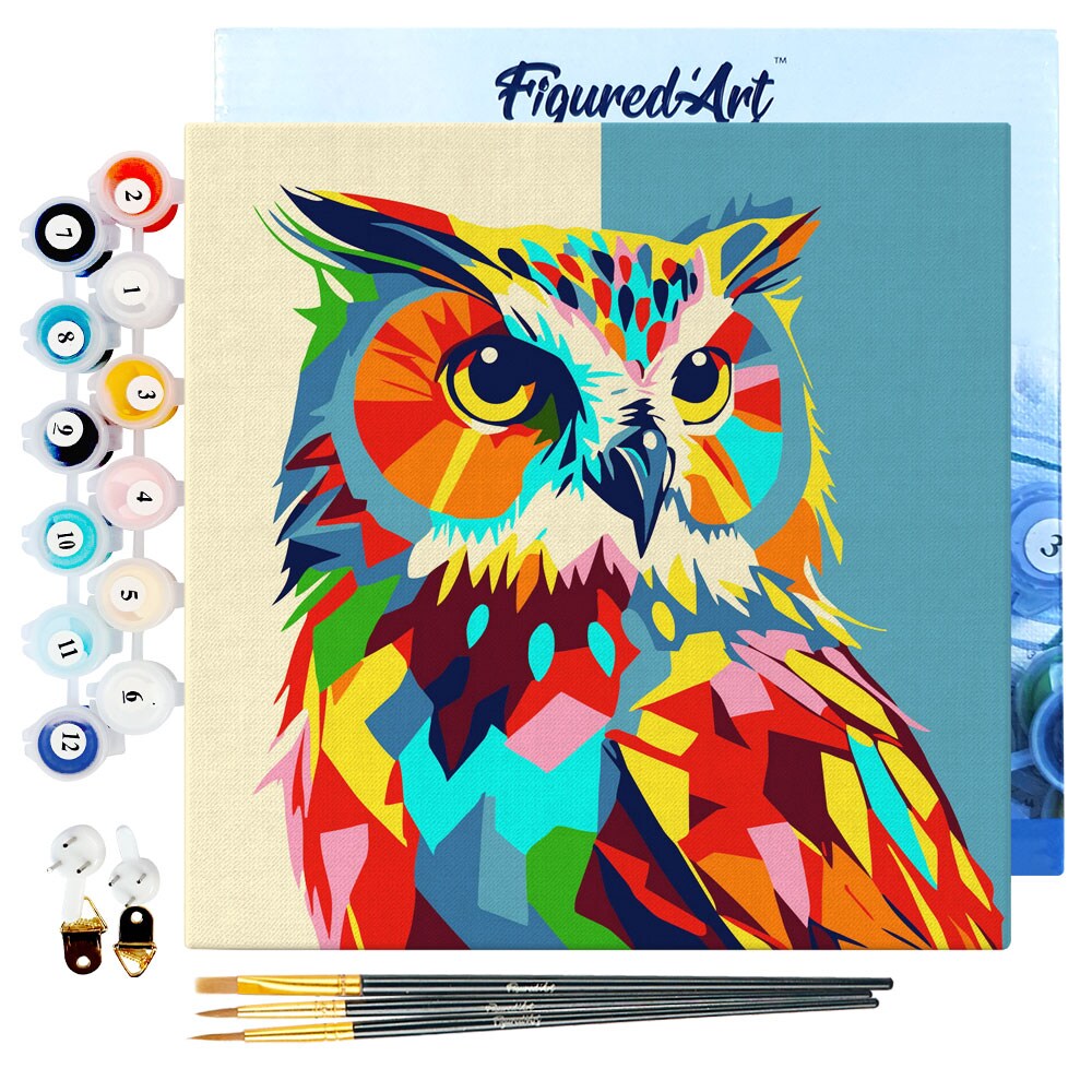 Figured'Art Mini Paint by Numbers Kit for Adults with Frame Owl Abstract Pop Art Small format 8"x8" - Craft Art Painting DIY Canvas Already Stretched on a Wooden Frame