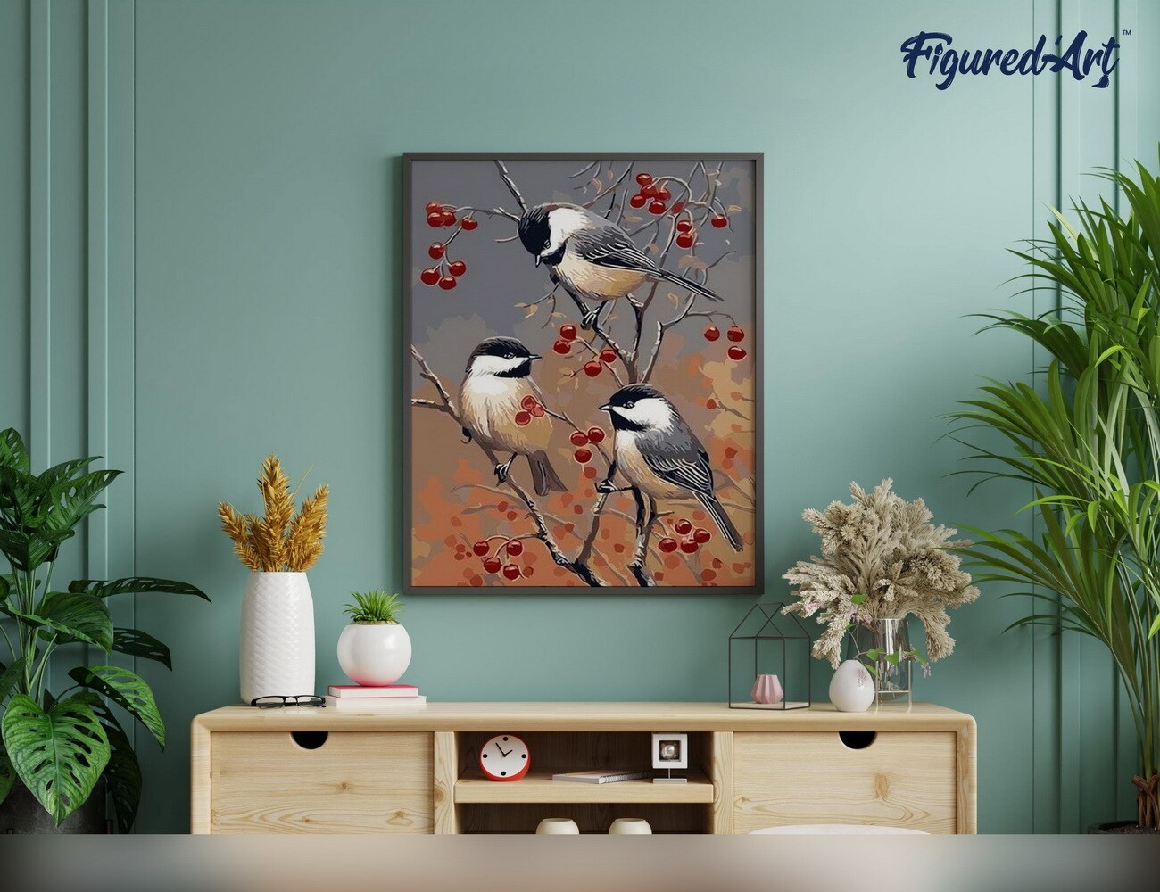 Figured'Art Paint by Numbers for Adults with Frame Birds and Fruit Tree 16"x20" - Craft Art Painting DIY Kit Canvas Already Stretched on a Wooden Frame