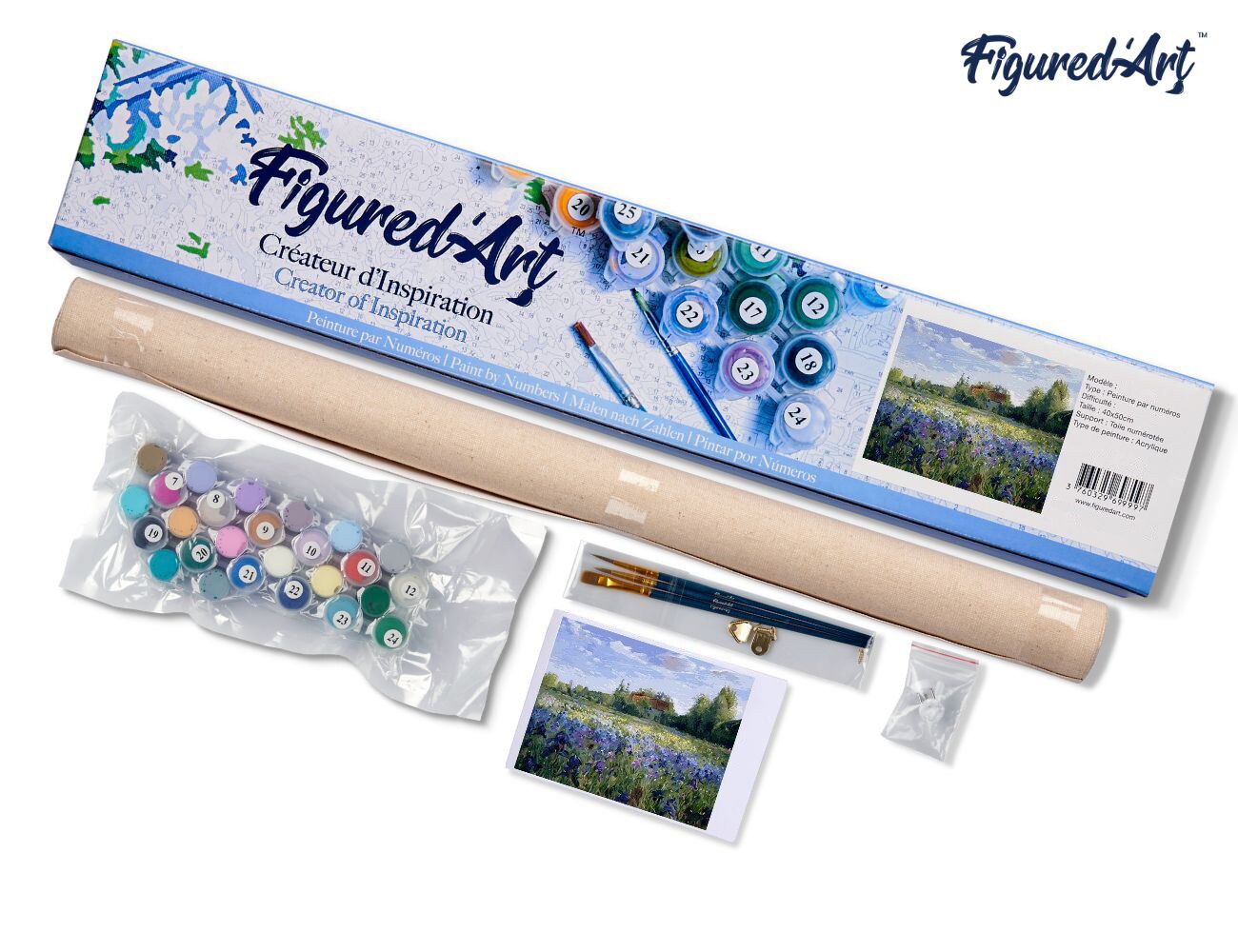 Figured&#x27;Art Paint by Numbers for Adults Countryside field and Blue Flowers 16&#x22;x20&#x22; - Craft Art Painting DIY Kit Rolled Canvas without frame