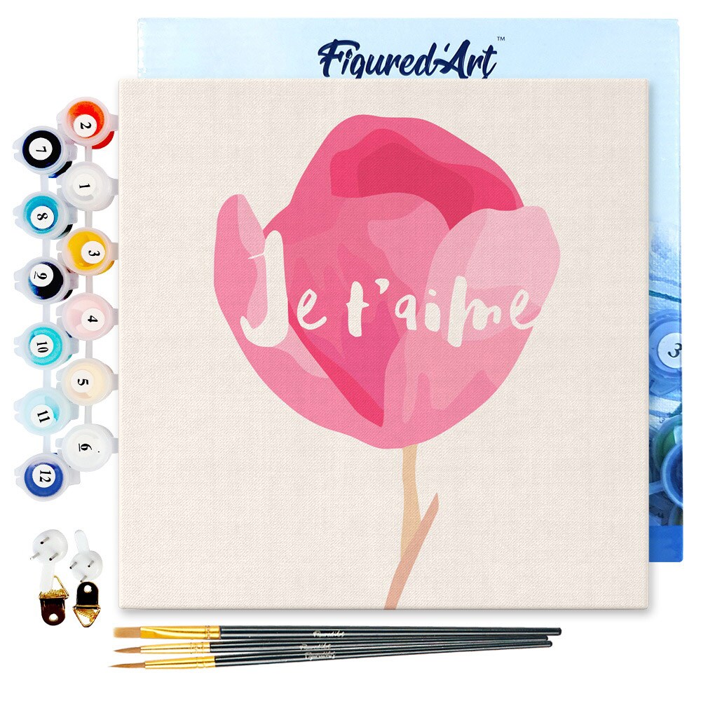 Figured'Art Mini Paint by Numbers Kit for Adults with Frame Je T'aime Small format 8"x8" - Craft Art Painting DIY Canvas Already Stretched on a Wooden Frame
