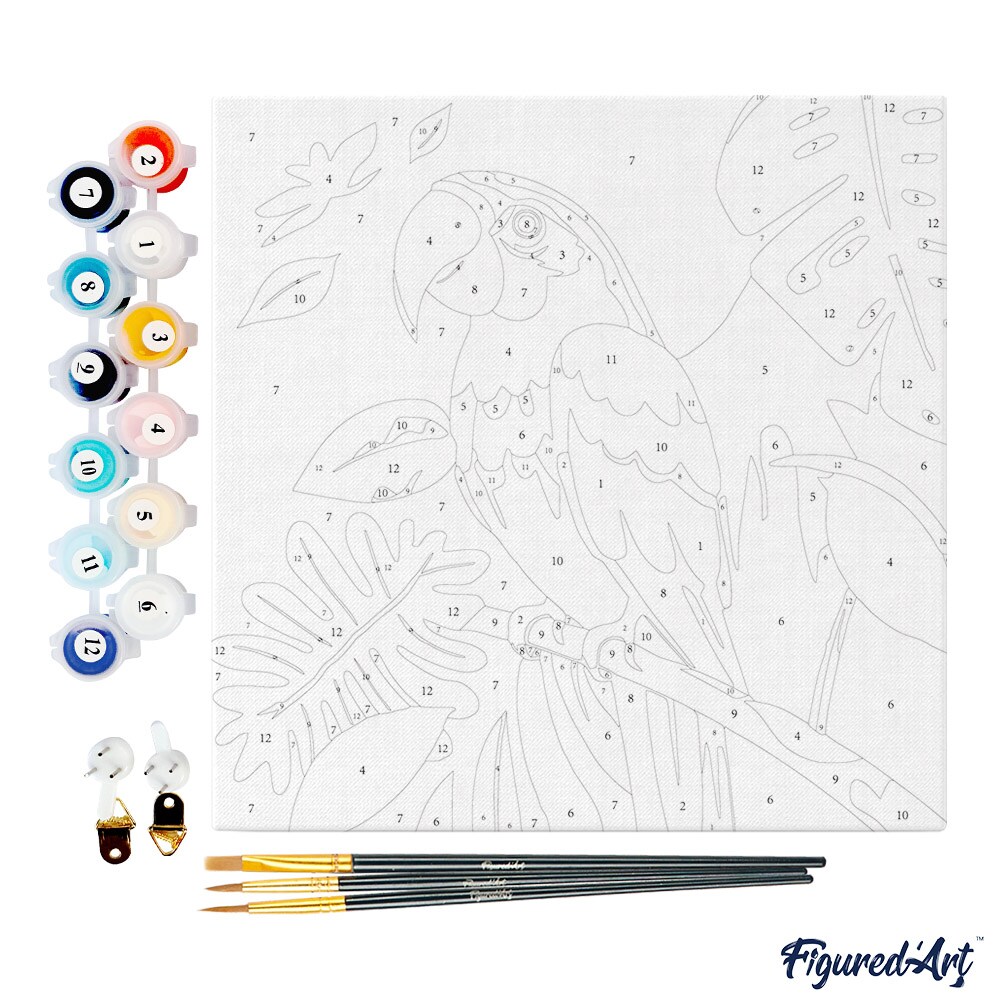 Figured&#x27;Art Mini Paint by Numbers Kit for Adults with Frame Tropical Parrot Small format 8&#x22;x8&#x22; - Craft Art Painting DIY Canvas Already Stretched on a Wooden Frame