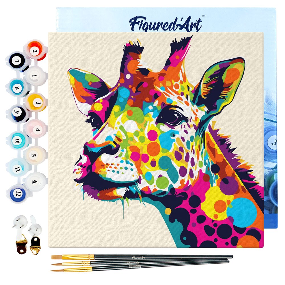 Figured&#x27;Art Mini Paint by Numbers Kit for Adults with Frame Giraffe Abstract Pop Art Small format 8&#x22;x8&#x22; - Craft Art Painting DIY Canvas Already Stretched on a Wooden Frame