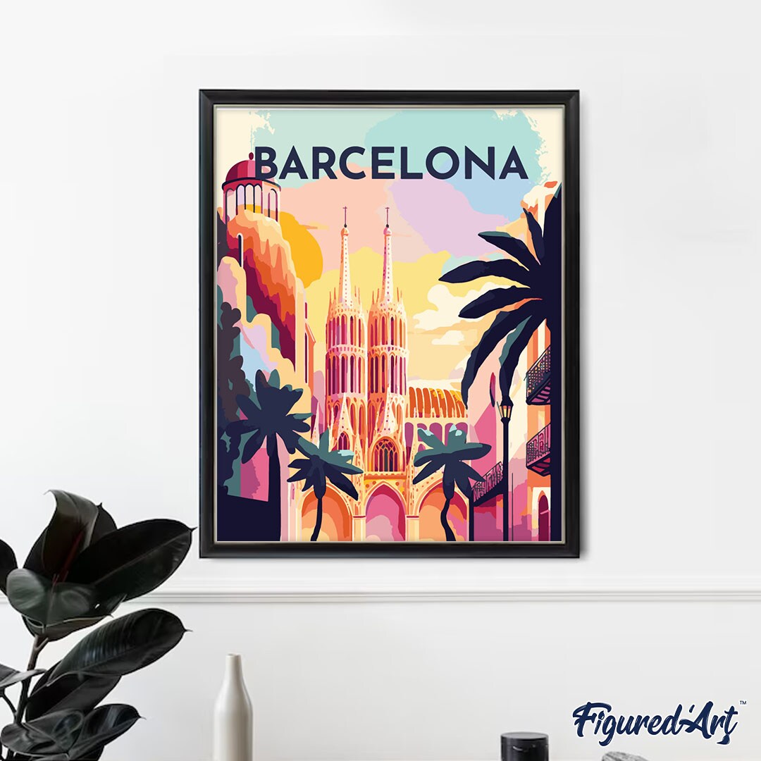 Figured&#x27;Art Paint by Numbers for Adults with Frame Travel Poster Barcelona 16&#x22;x20&#x22; - Craft Art Painting DIY Kit Canvas Already Stretched on a Wooden Frame