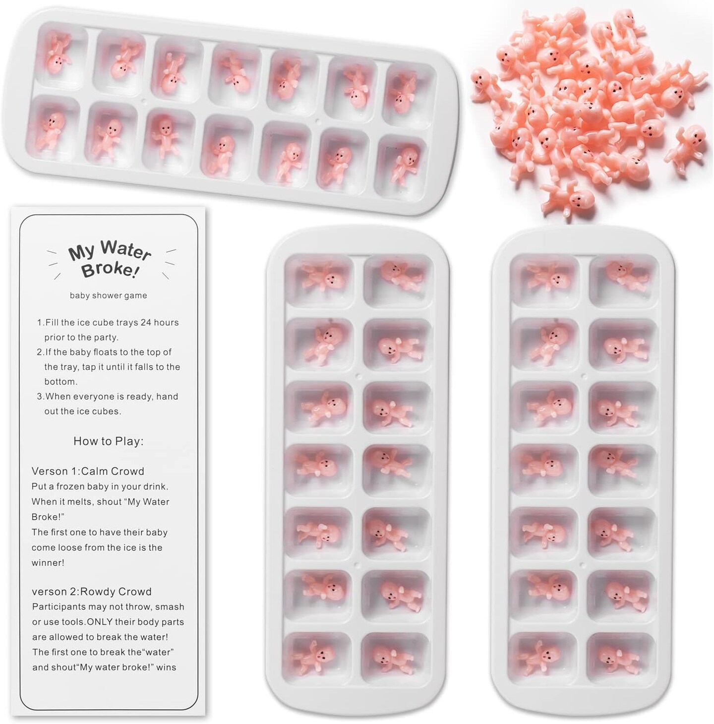 My Water Broke Baby Shower Game with 80 Mini Plastic Babies, 3 Ice Cube Trays and 1 Sign