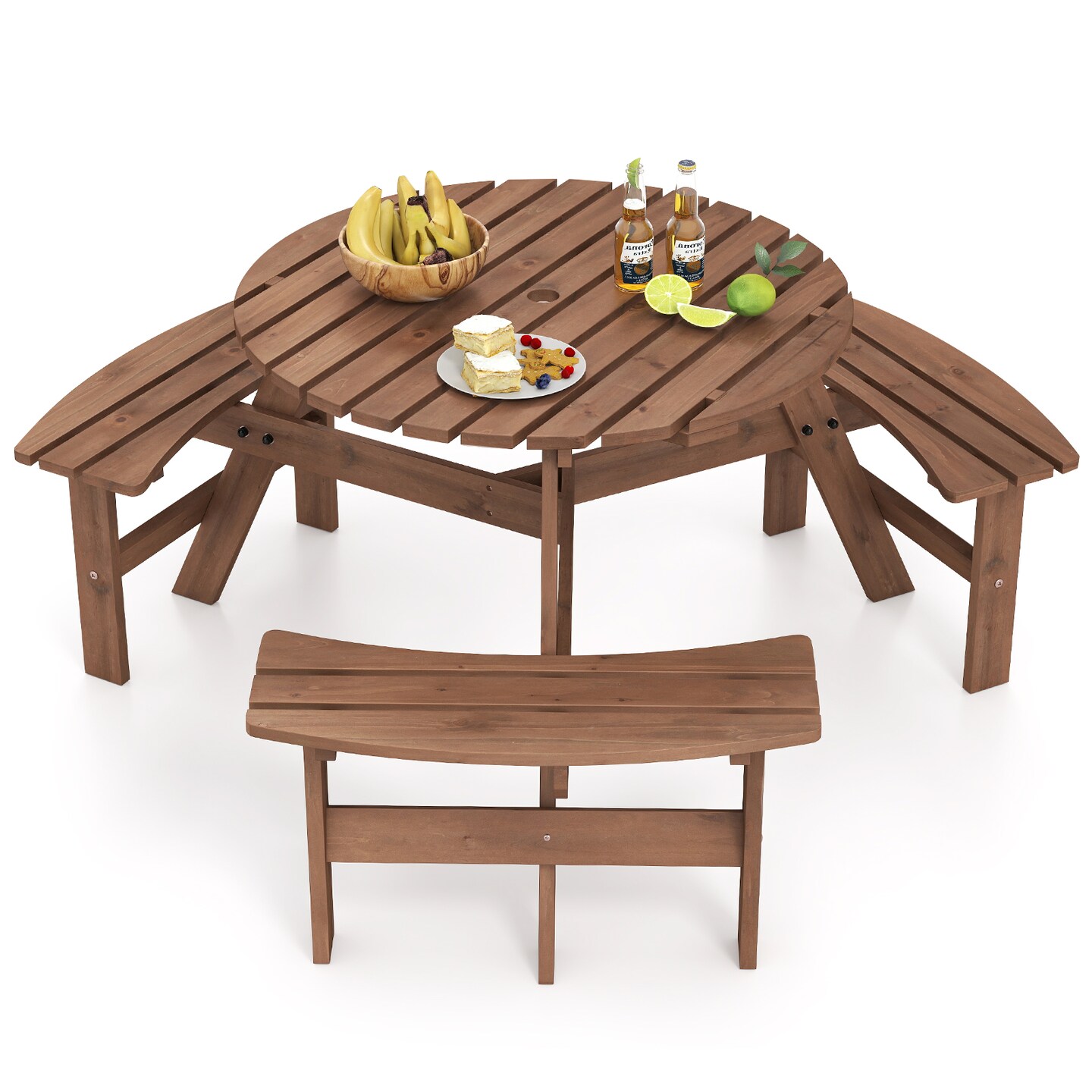 Fir Wood Round Picnic Table Set with 3 Benches and Umbrella Hole