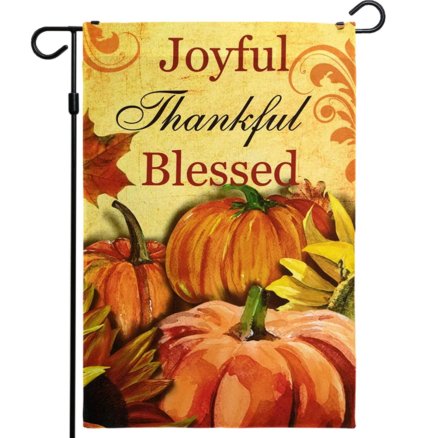 G128 - Home Decorative Thanksgiving Garden Flag, Joyful Thankful and Blessed Quote with Pumpkins and Maple Leaves Decorations,  | 12x18 Inch | Printed 150D Polyester - Rustic Holiday Seasonal Outdoor Flag