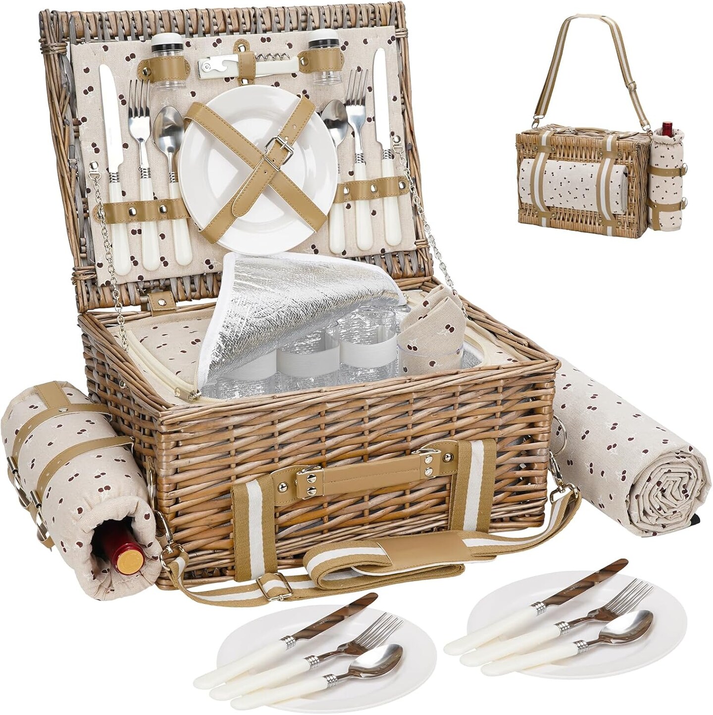 31Pcs Picnic Basket for 4 -Wicker Picnic Set with Waterproof Blanket & Wine Bag| Large Picnic Hamper with Insulated Cooler & Cutlery Kit for Couples Camping,Brown Flower,16x12x7.5inch
