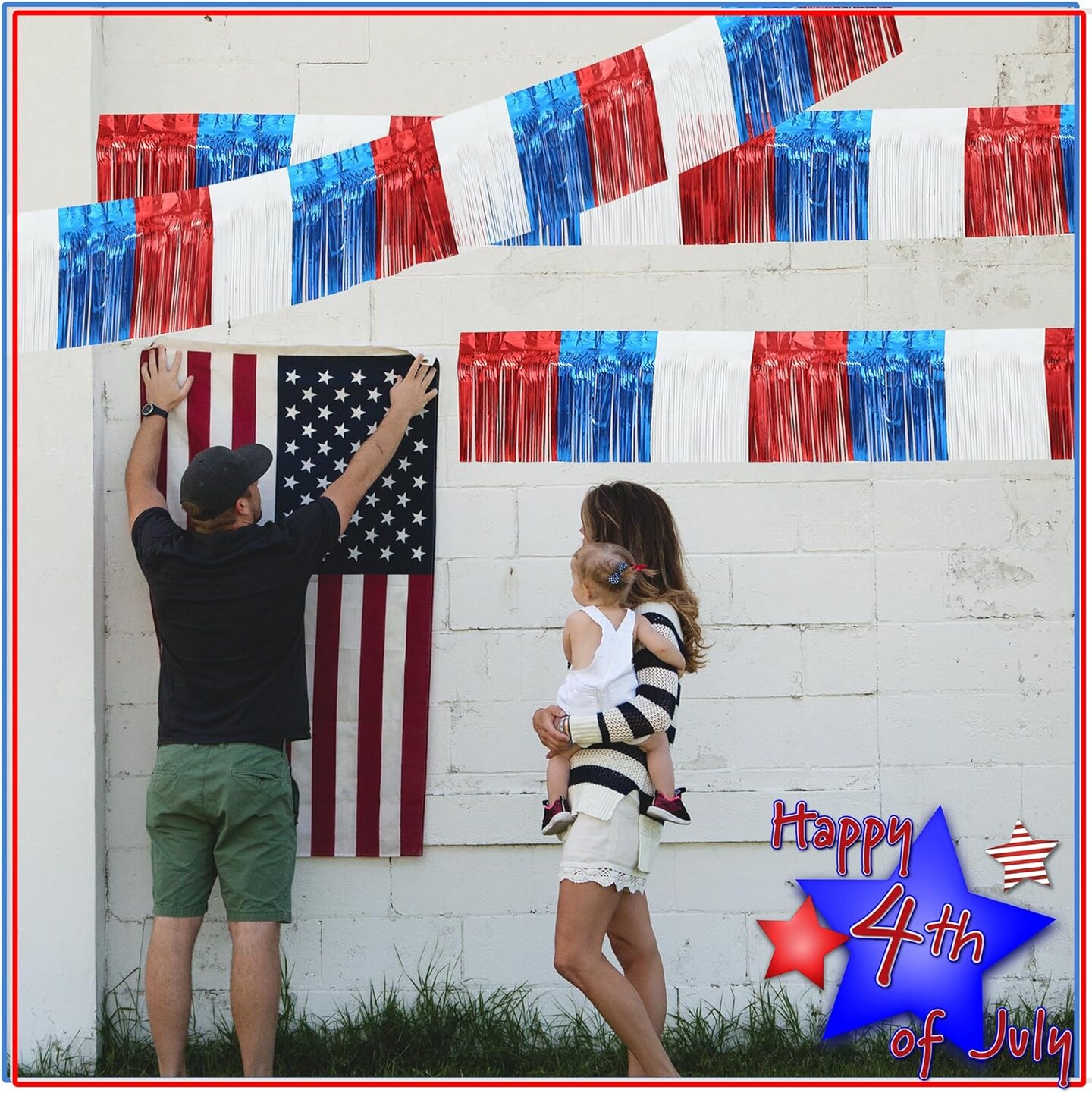 5 Pack 10 Feet Parade Floats Foil Fringe Garland Metallic Tinsel Streamers Banner for Wedding Birthday Party 4th of July Memorial Patriotic Day Decoration (Royal Blue Red White)