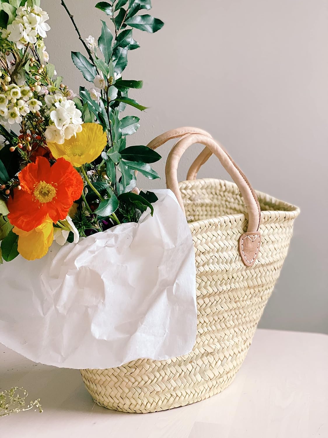 French Market Basket Bag, Small (14x7) Handmade Moroccan Seagrass Basket Straw Bags For Summer, Market, Beach, Laundry, &#x26; Picnic Wicker Basket