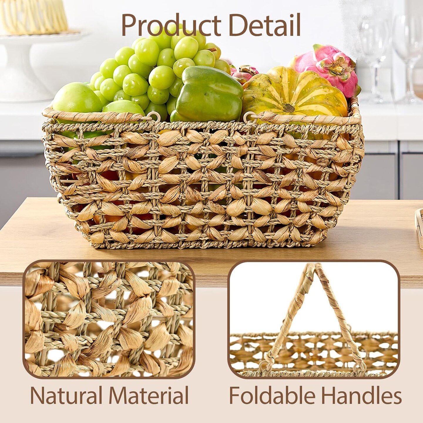 Wicker Picnic Basket with Handles, Wicker Baskets with Wooden Base for Picnic, Camping & Storage Basket