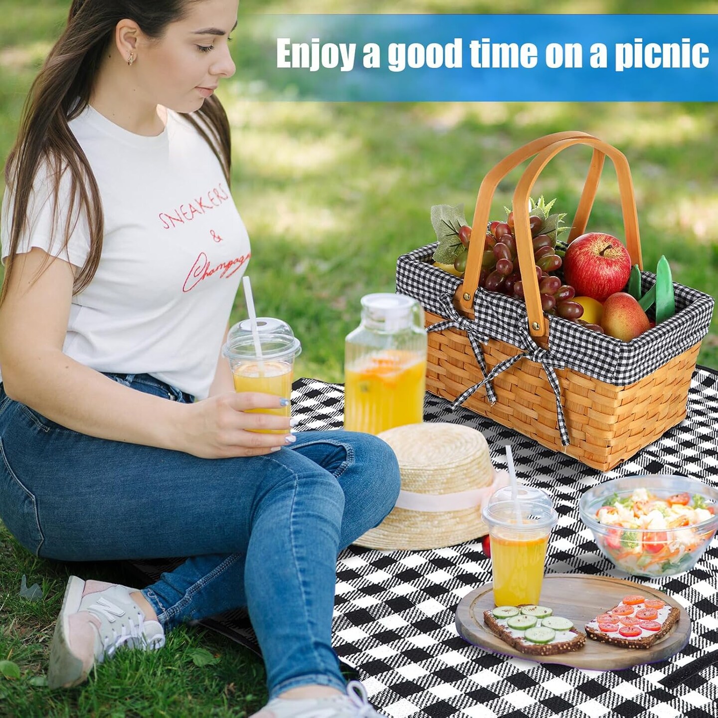 Picnic Basket Natural Woven Woodchip Basket with Double Folding Handles, Picnic Blanket Easter Basket for Easter Egg Candy Storage Spring Summer Camp(Black and White Grid)