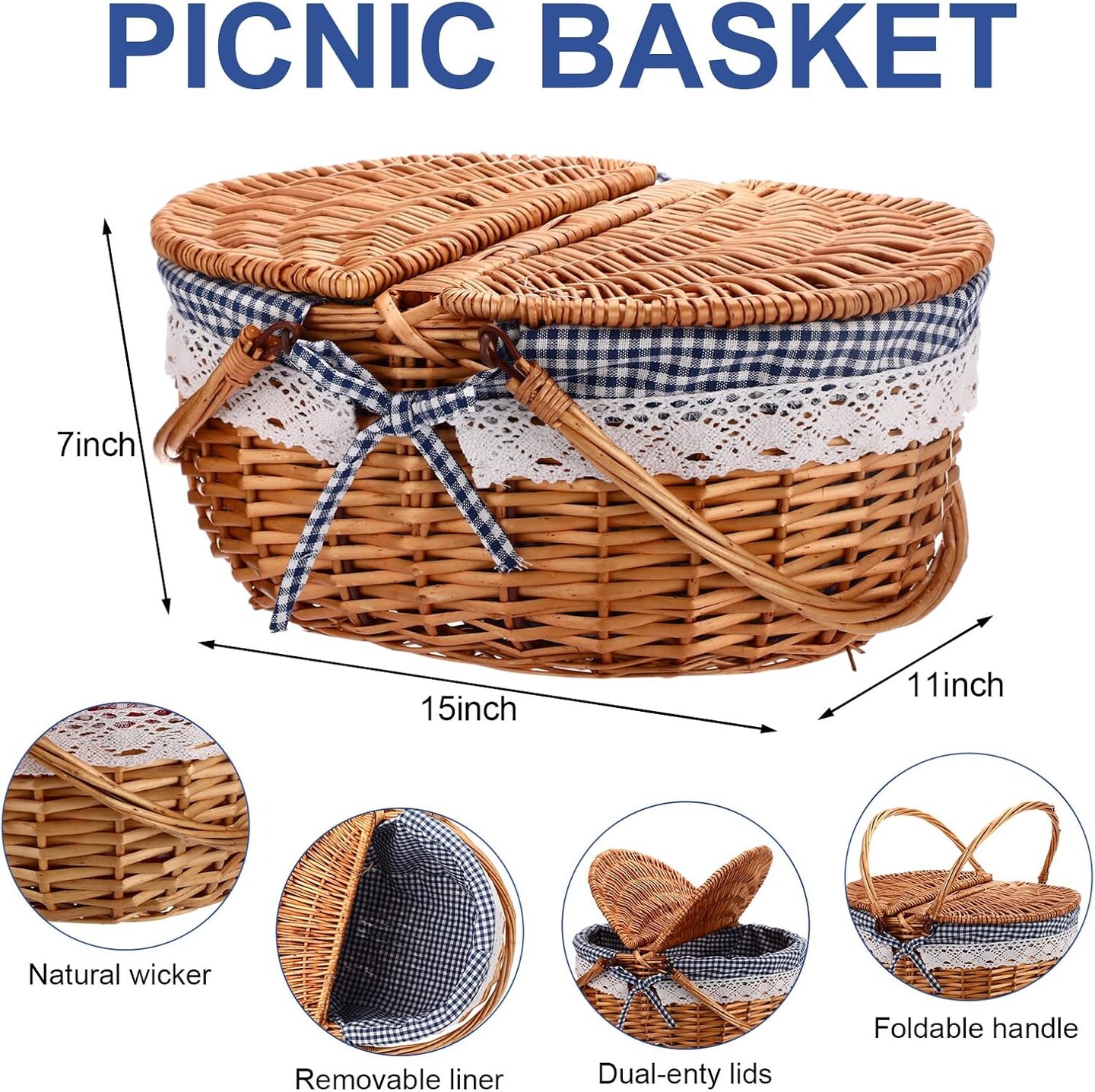 Picnic Basket with Blankets and Bamboo Plates Picnic Supplies Set Basket with Lid and Handle Wicker Picnic Basket Sturdy Woven Body with Washable Lining for Camping(Blue)