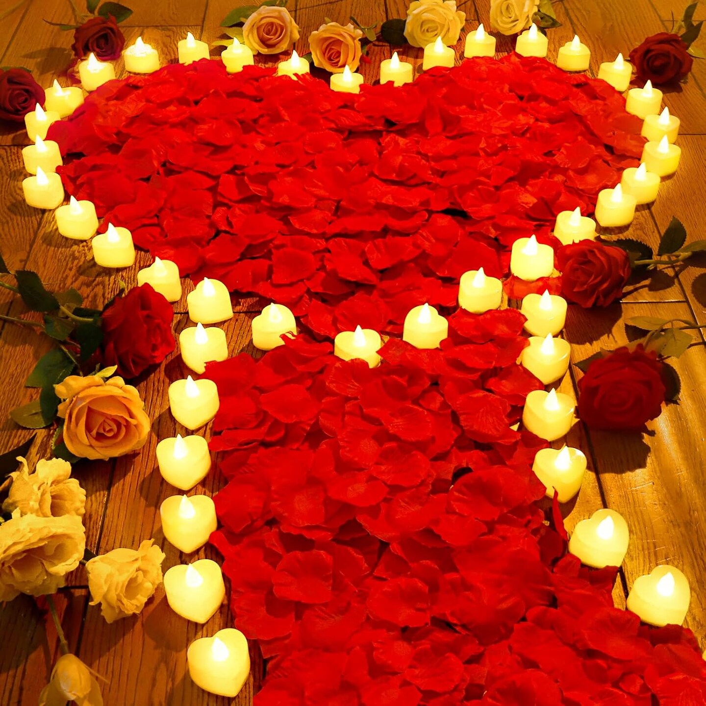 7000 Pieces Artificial Rose Petals with 72 Pieces Romantic Heart Led Tealight Candles, Rose Petals and Candles Set for Weddings Anniversaries Proposals Decor