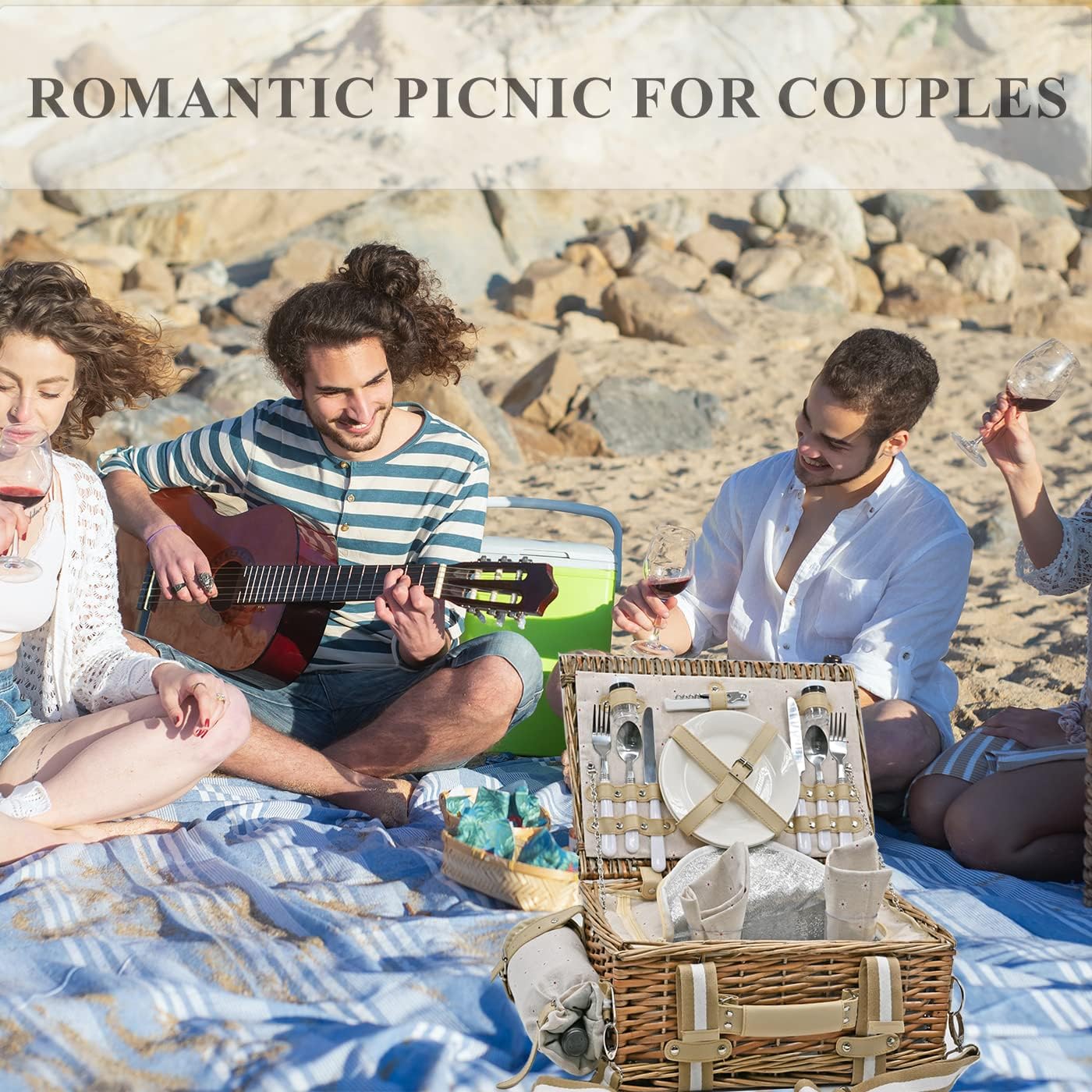 31Pcs Picnic Basket Set for 4 with Insulated Liner and Waterproof Blanket Wine Pouch, Large Wicker Picnic Hamper