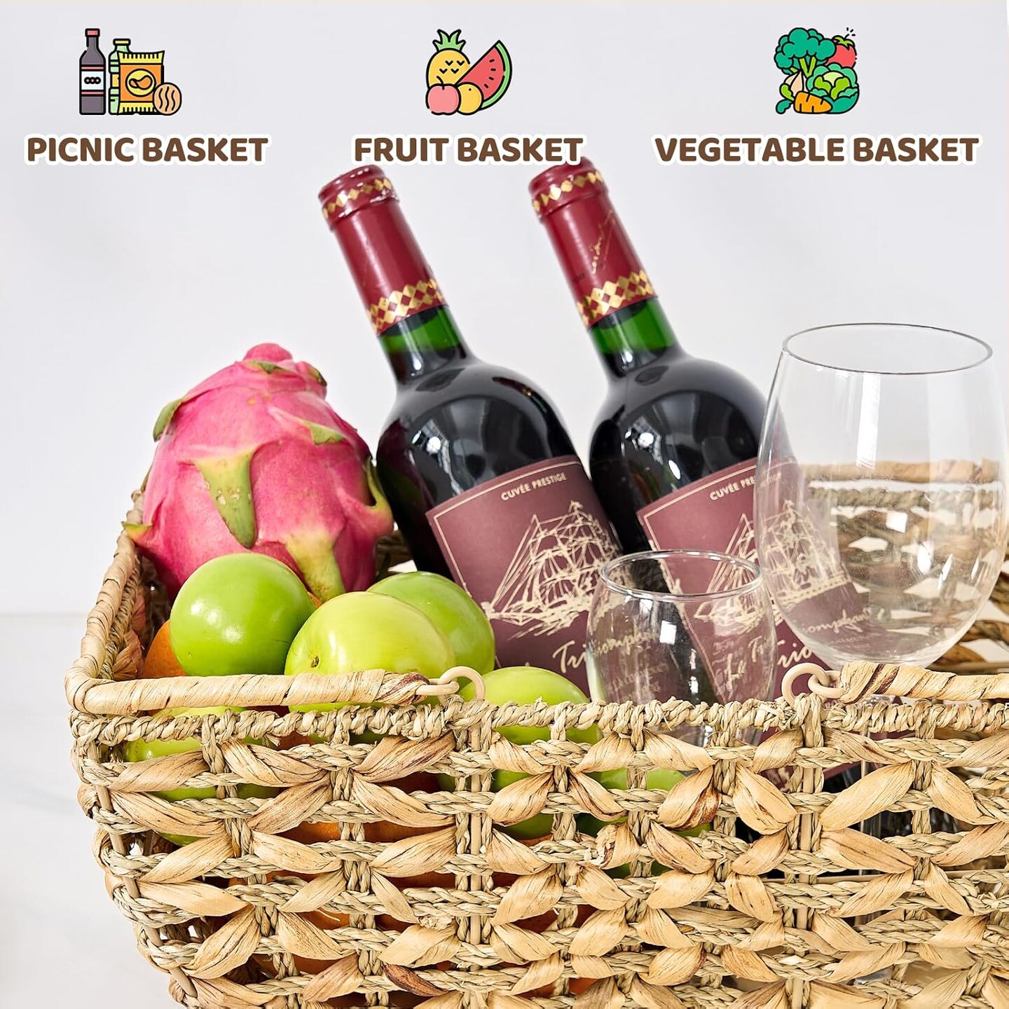 Wicker Picnic Basket with Handles, Wicker Baskets with Wooden Base for Picnic, Camping & Storage Basket