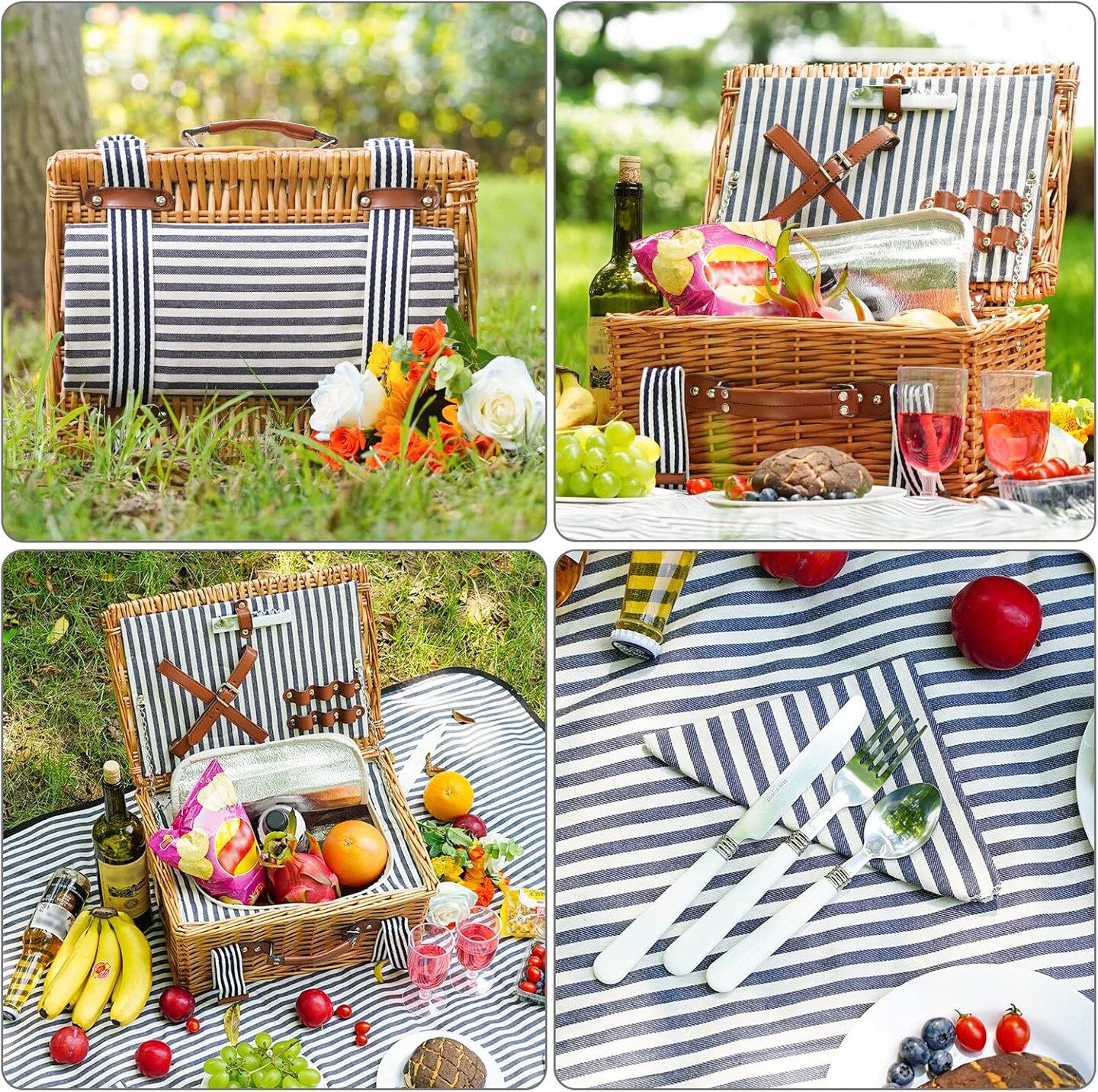 Wicker Picnic Basket for 2, Willow Hamper Basket with Large Insulated Cooler Compartment, Picnic Sets with Waterproof Picnic Blanket, Picnic Basket with 2 Person Kit for Camping, Hiking(Grey)