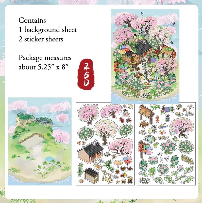Peach Blossom Landscape Stickers, Isometric Sticker Set, Adorabilities