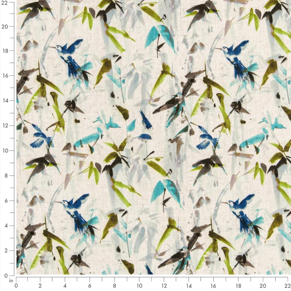 Blue Green Stain Resistant Performance Leaves Botanical Print Upholstery Fabric by The Yard - SKU: Ellison Marine