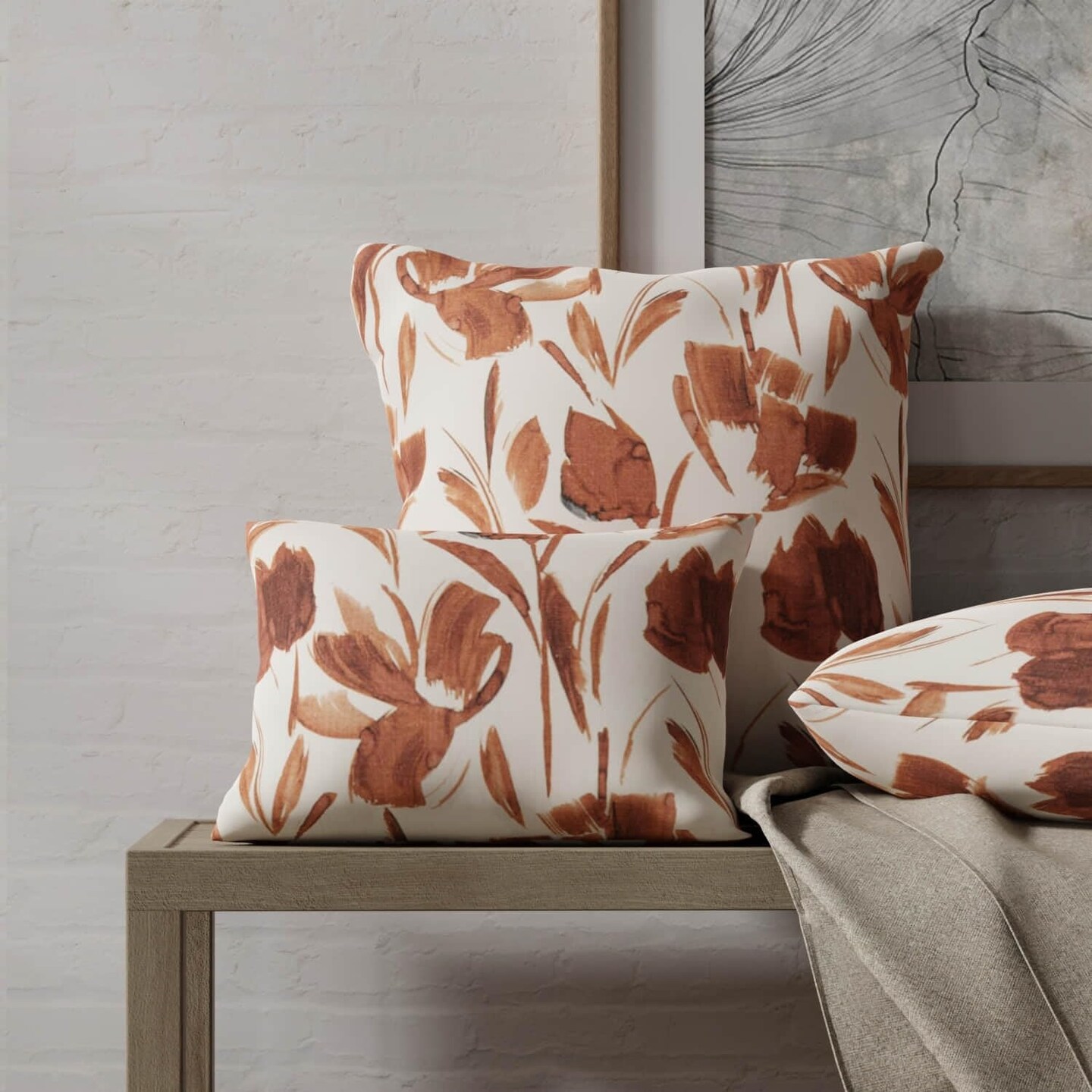 Red Floral Linen Look Print Upholstery Fabric by The Yard - SKU: Bowen Clay