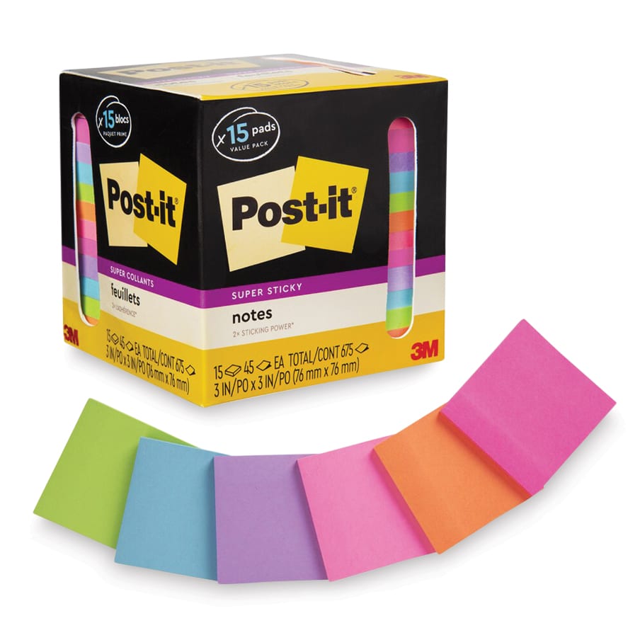 Post-it Super Sticky Notes - Pkg of 15, 3" x 3", Bright Colors, Blank