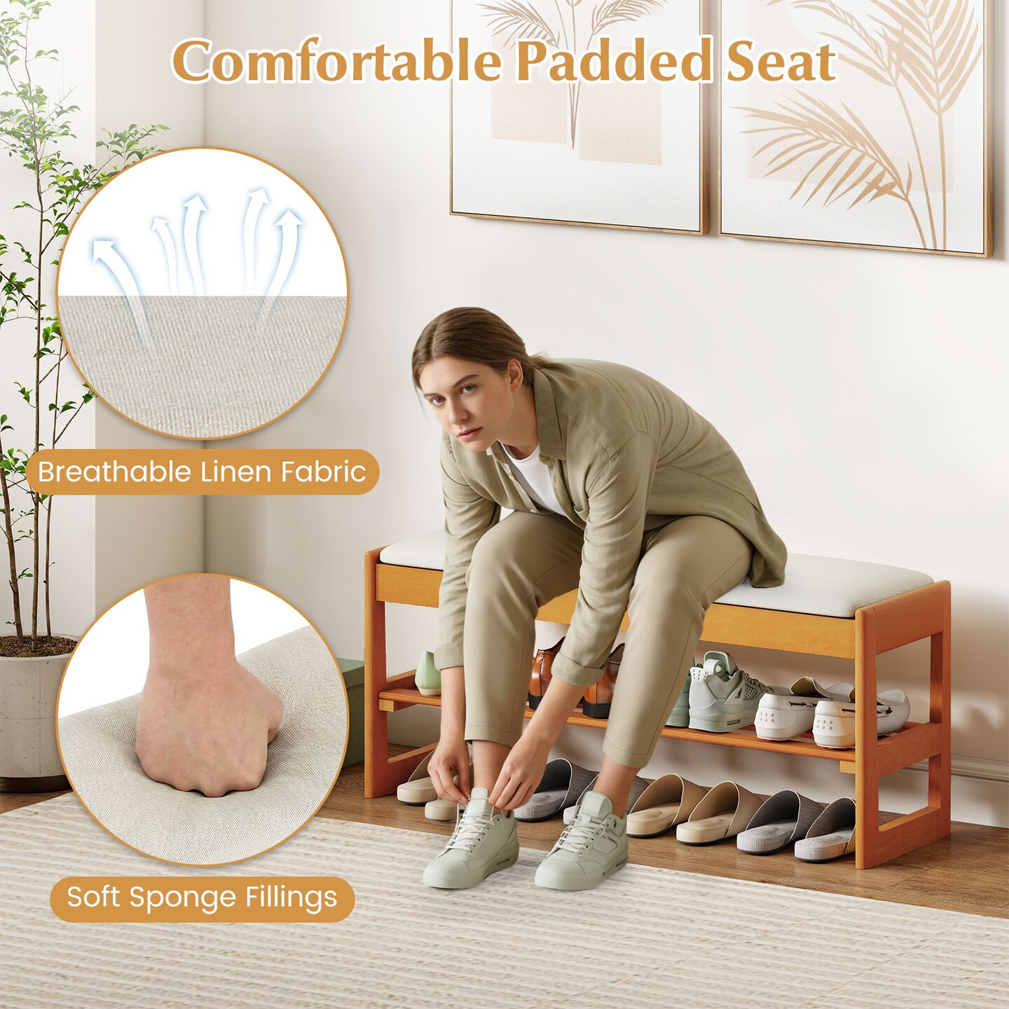 Rubber wood 2-Tier Shoe Rack Bench with Hidden Flip-Open Storage