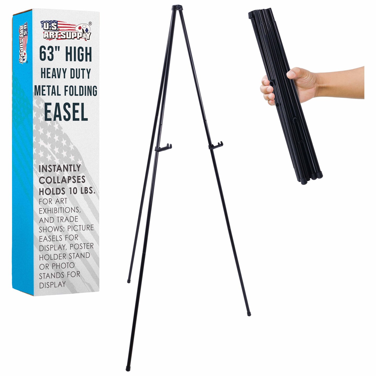 U.S. Art Supply 63" High Heavy Duty Metal Folding Display Easel - Adjustable Height, Holds 10 lbs - Portable Art Easel Stand - For Sign, Poster, Canvas, Painting, Picture Display