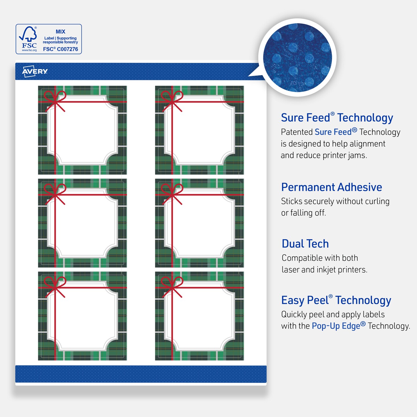 Avery Printable Labels with Sure Feed Technology, Square, 3" x 3", Pre-Printed Green & Metallic Silver Plaid with Red Bow Design, Matte White, Laser & Inkjet Compatible, 60 Total