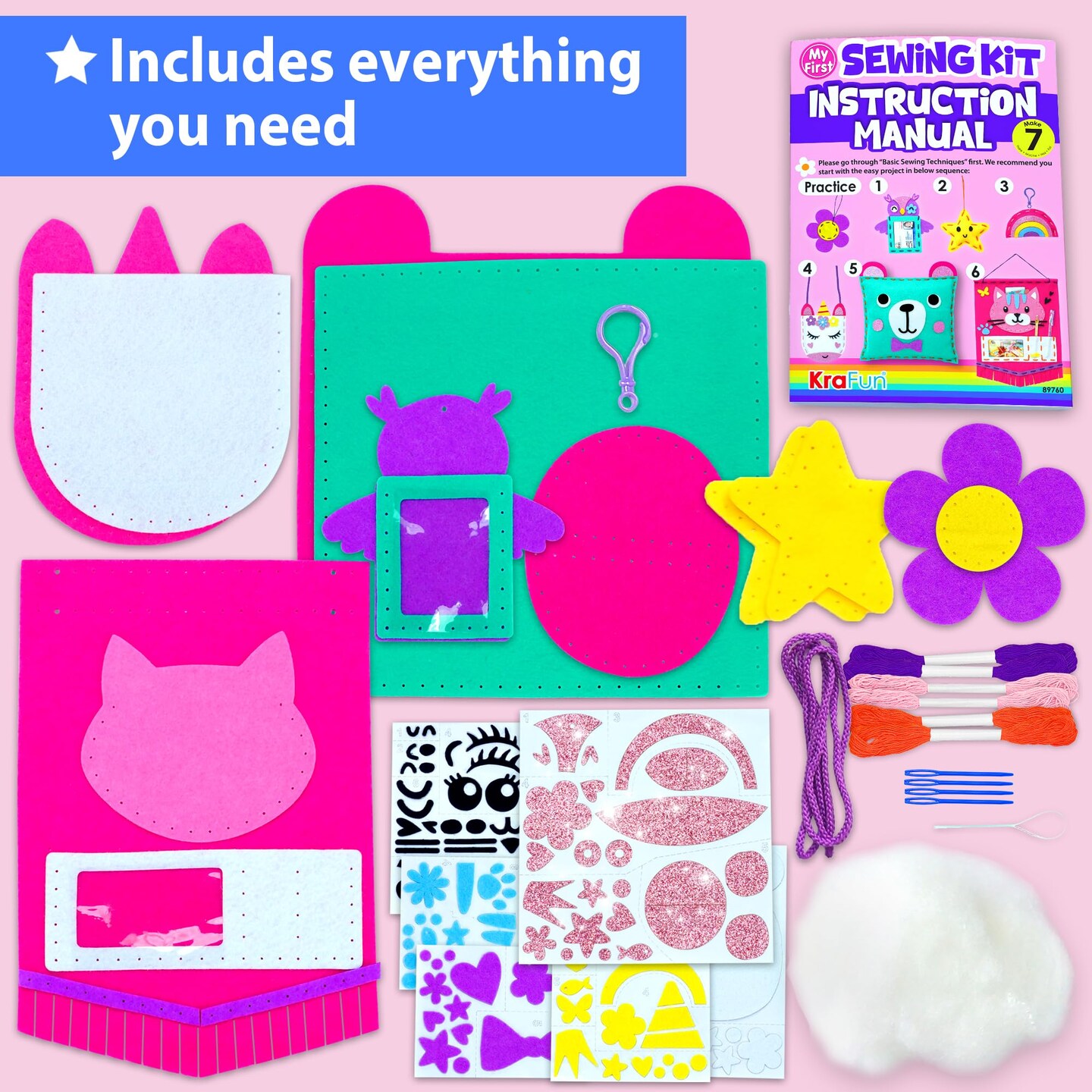 My First Sewing Kit for Beginner Kids Arts & Crafts, 7 Easy DIY Projects of Stuffed Animal Dolls and Plush Pillow Craft, Instructions & Felt, Gift for Girls, Boys, Learn to Sew, Embroidery