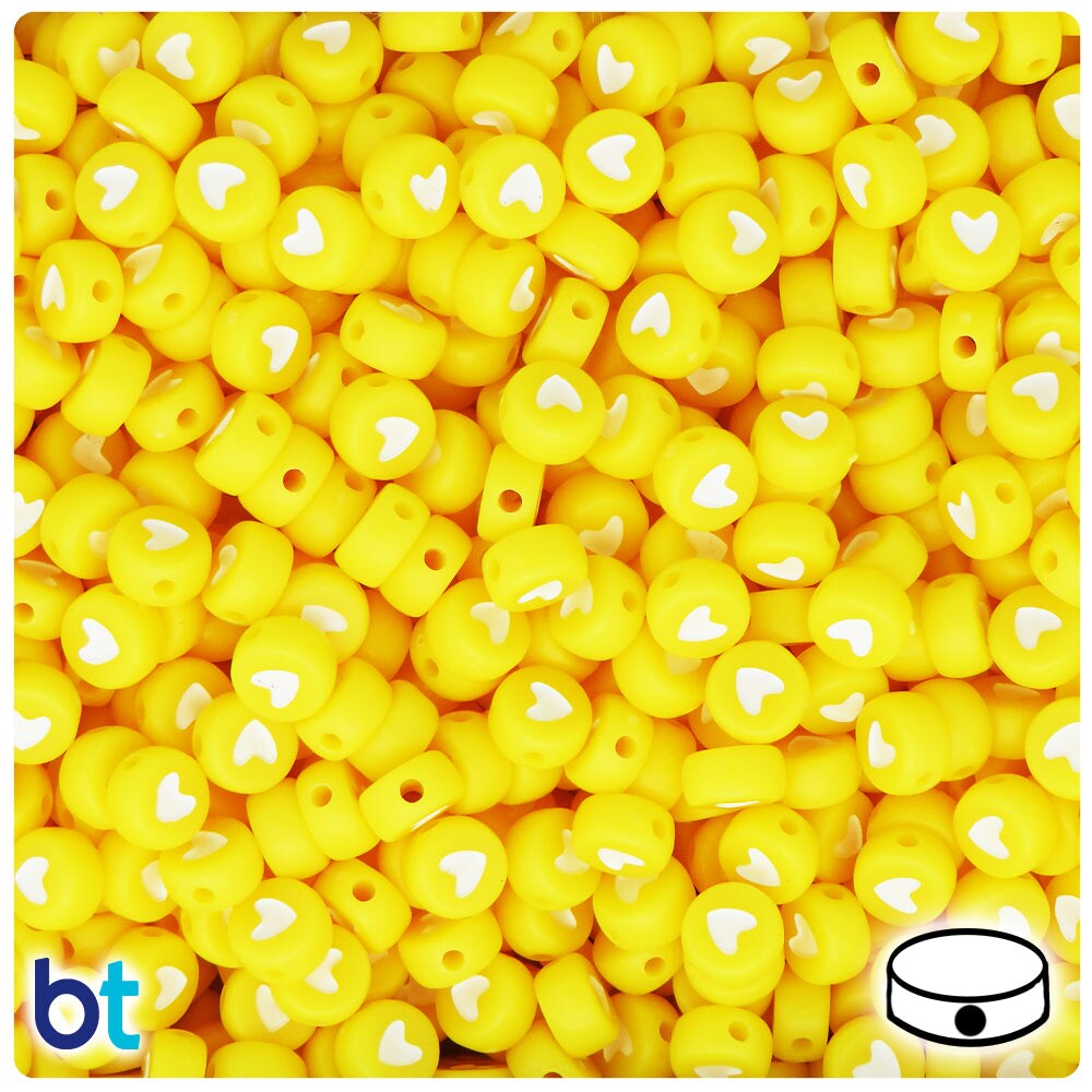 BeadTin Yellow Opaque 7mm Coin Plastic Alpha Beads - White Hearts (250pcs)