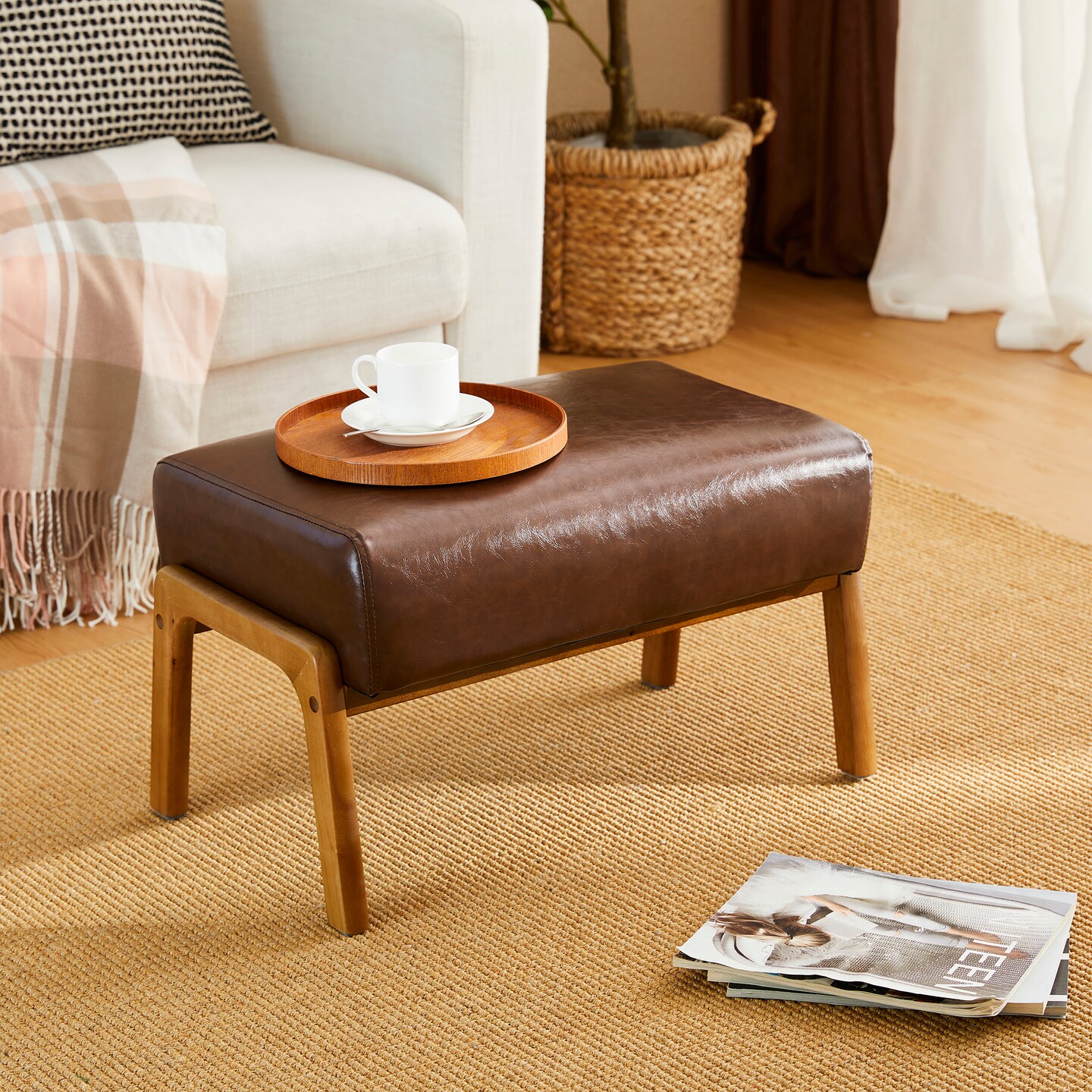 Mid-century Modern Leatherette Accent Stool with Walnut Rubberwood Legs