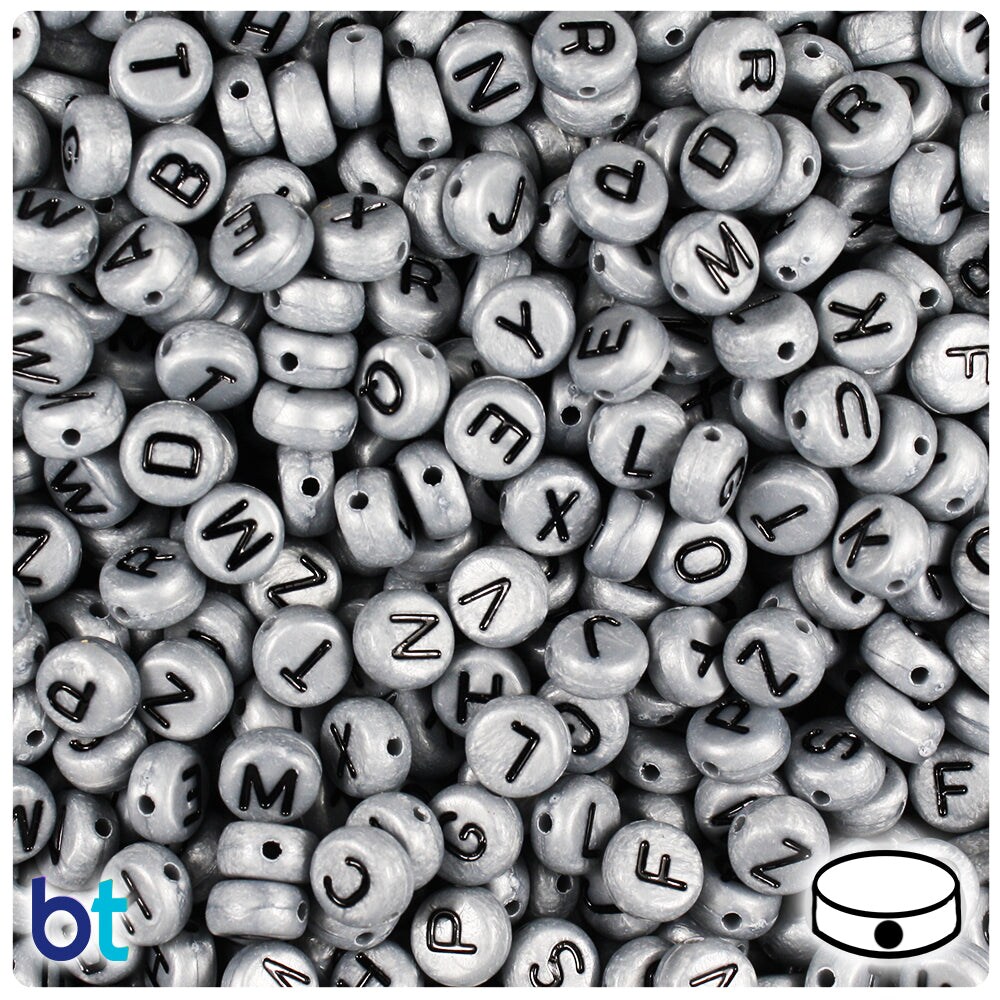 BeadTin Silver Pearl 7mm Coin Plastic Alpha Beads - Black Letter Mix (250pcs)