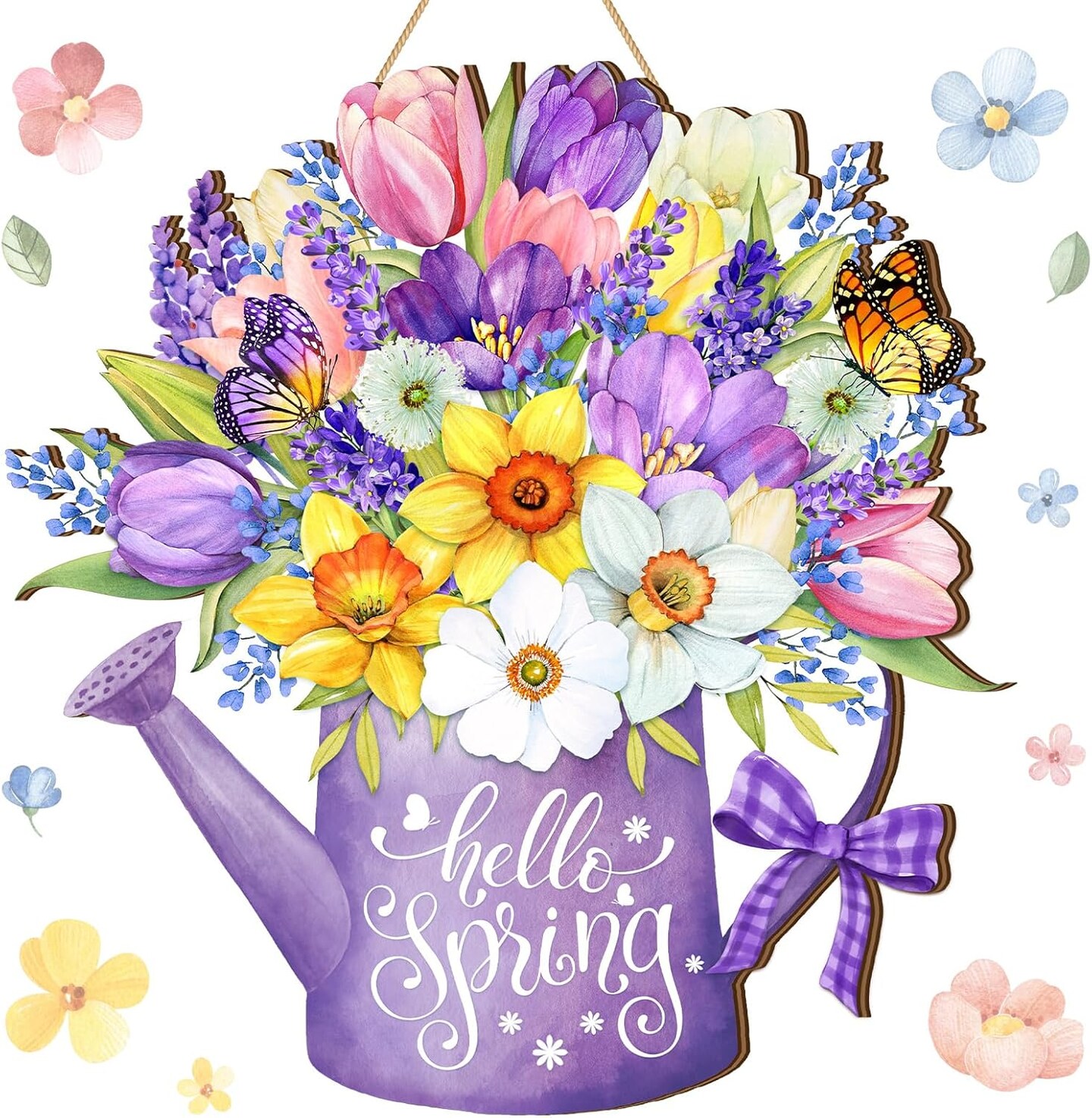 Hello Spring Door Sign – Rustic Wooden Hanging Decor, Flower Wreath Welcome Sign for Front Porch, Wall, or Pediment Decorations