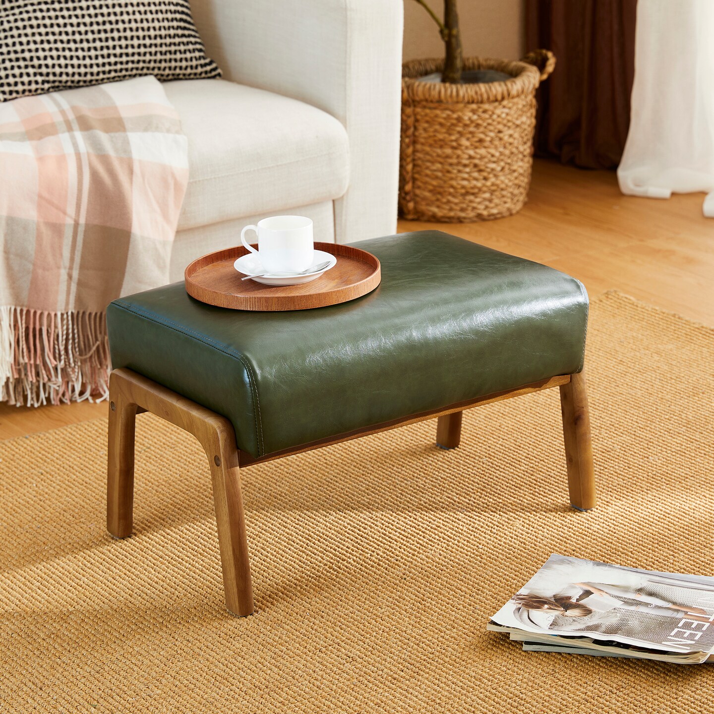 Mid-century Modern Leatherette Accent Stool with Walnut Rubberwood Legs