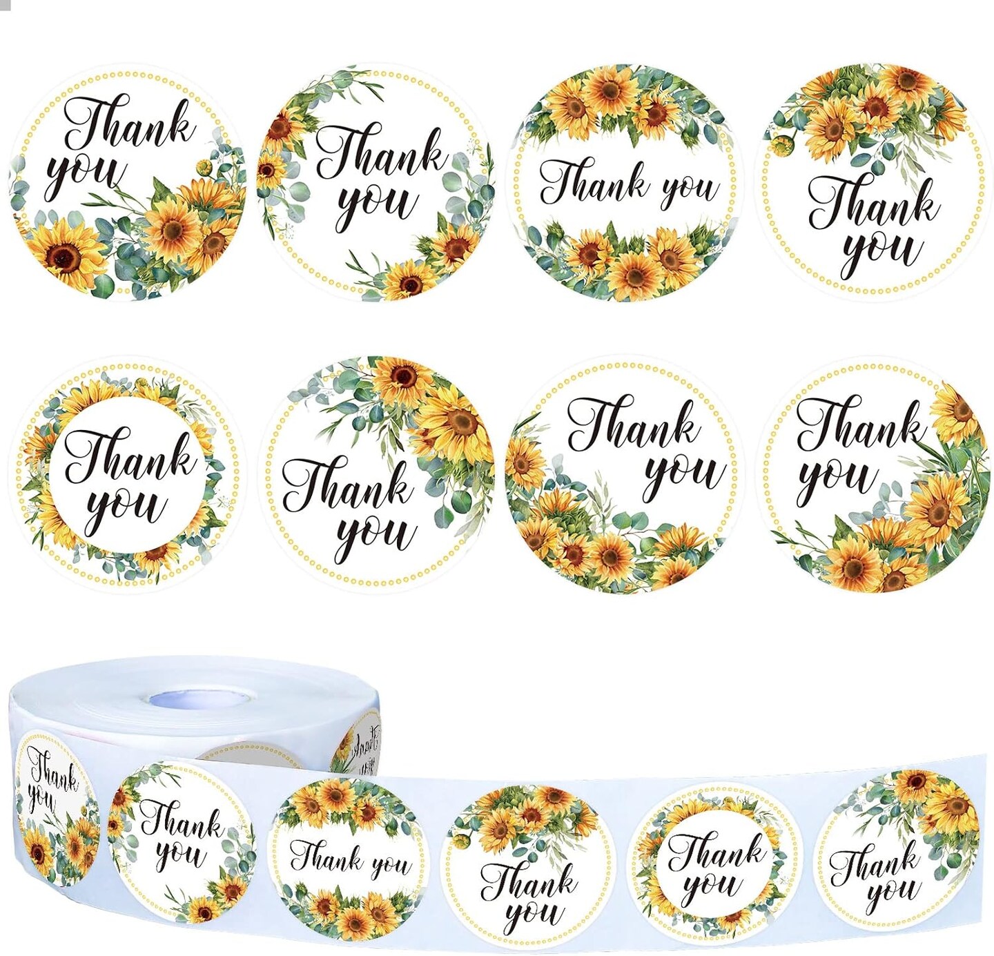 1000Pcs Sunflower Stickers, Baby Shower Thank You Stickers in Roll, Bridal Shower Wedding Favor Decal Stickers, Sun Flowers Round Decal Labels for Spring Summer Party Envelope Baking Bag