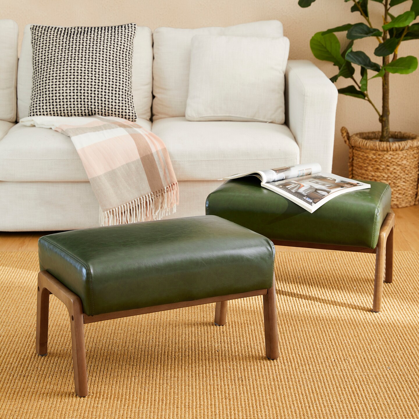 Mid-century Modern Leatherette Accent Stool with Walnut Rubberwood Legs