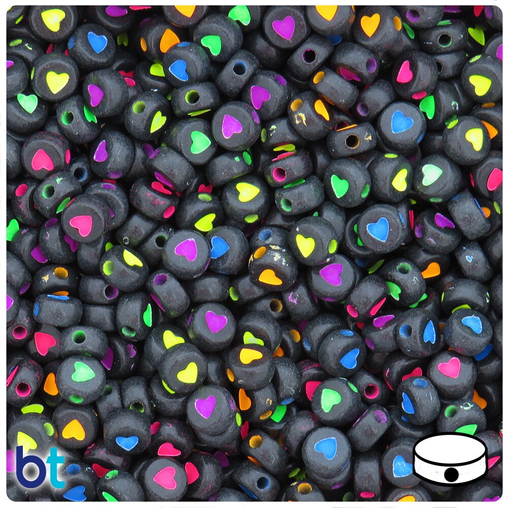 BeadTin Black Opaque 7mm Coin Plastic Alpha Beads - Colored Hearts (250pcs)