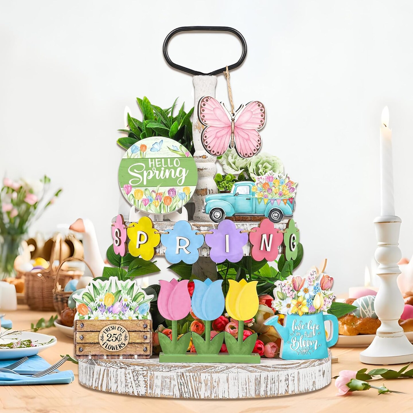 12 PCS Spring Tiered Tray Decor Hello Spring Wooden Tabletop Decor Flower Butterfly Tiered Tray