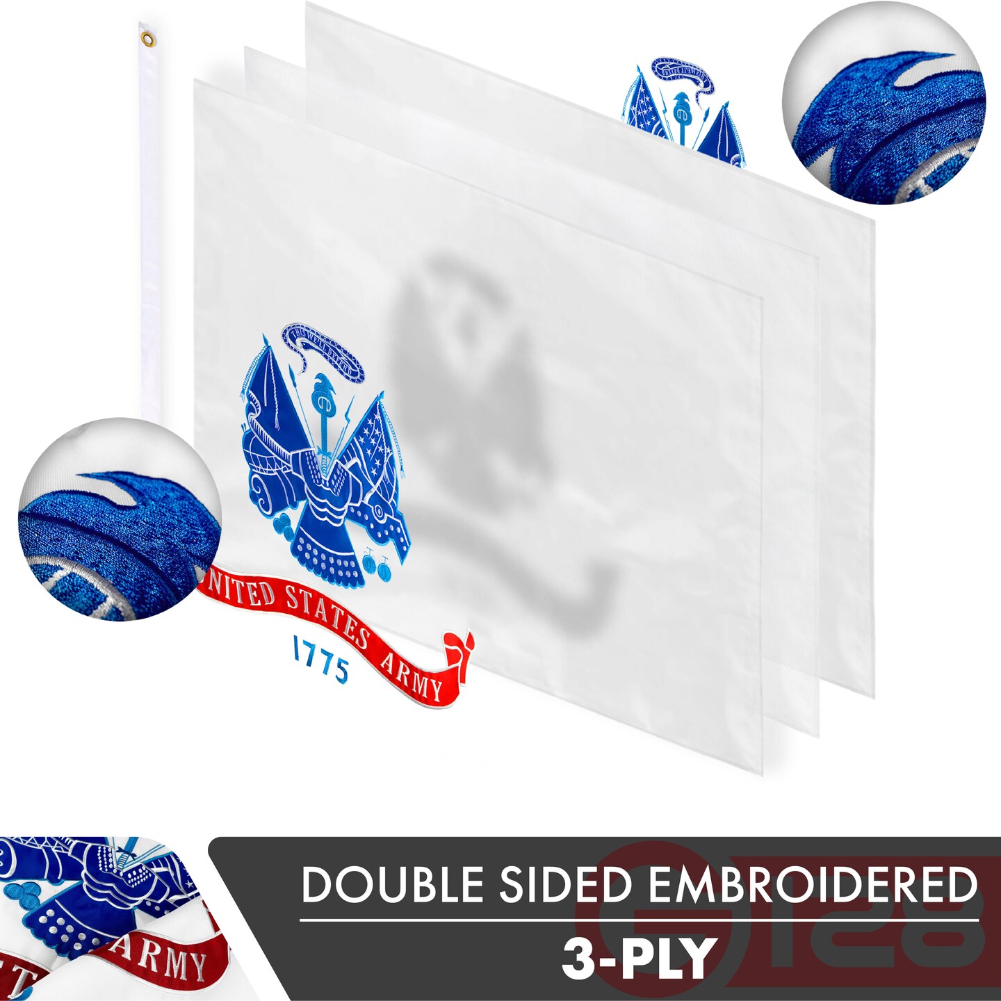 G128 - U.S. Army Military Flag 2x3 Ft Double Sided 2ply Embroidered Heavy Duty Brass Grommets