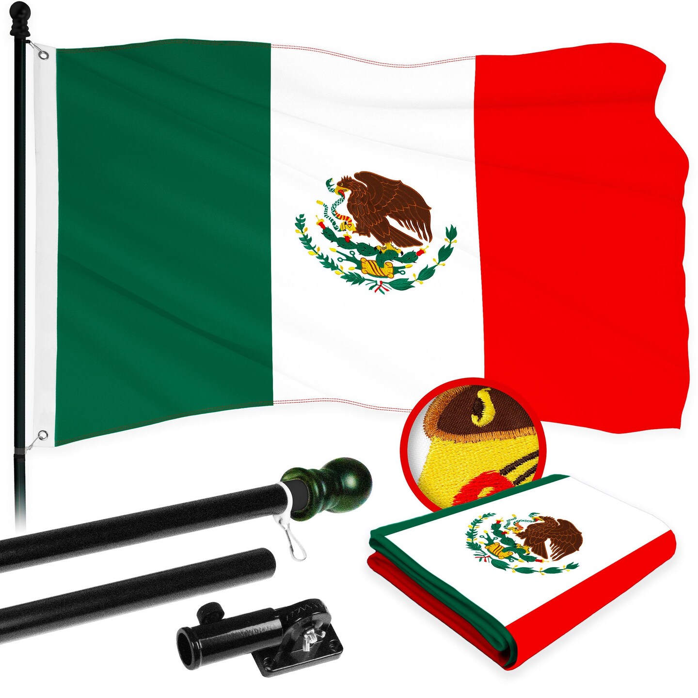 G128 Combo Pack: 5 Ft Tangle Free Aluminum Spinning Flagpole (Black) & Mexico Mexican Flag 2.5x4 Ft, ToughWeave Series Embroidered 300D Polyester | Pole with Flag Included