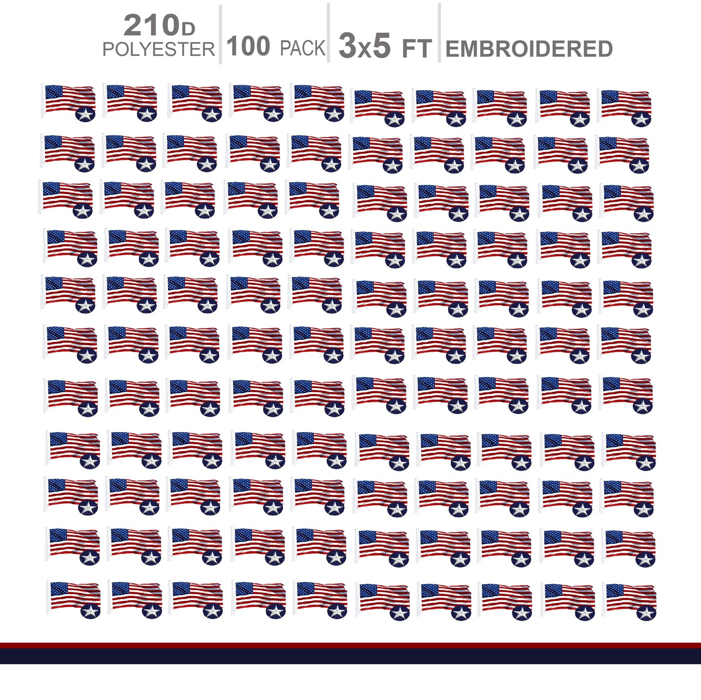 MULTI PACK: American Flag 210D Embroidered Polyester 3x5 Ft  - 100 PACK