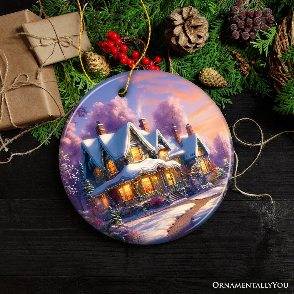 Picturesque Snowy Evening House Illustration Christmas Ornament, Peaceful Holiday Home Decoration