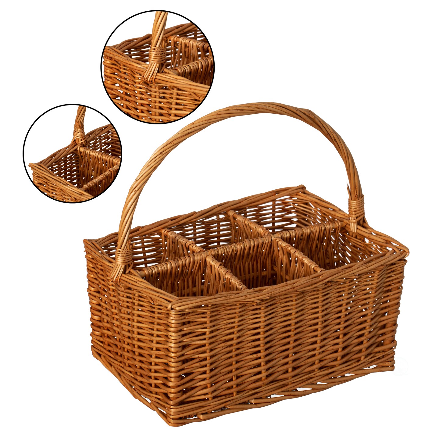 Wickewise Indoor and Outdoor 6 Bottle Wine and Beverage Wicker Tote Basket – Perfect for Beer, Champagne, Bar Accessories, Home Bars, Picnics, Parties, and Bachelor Party Favors, Brown