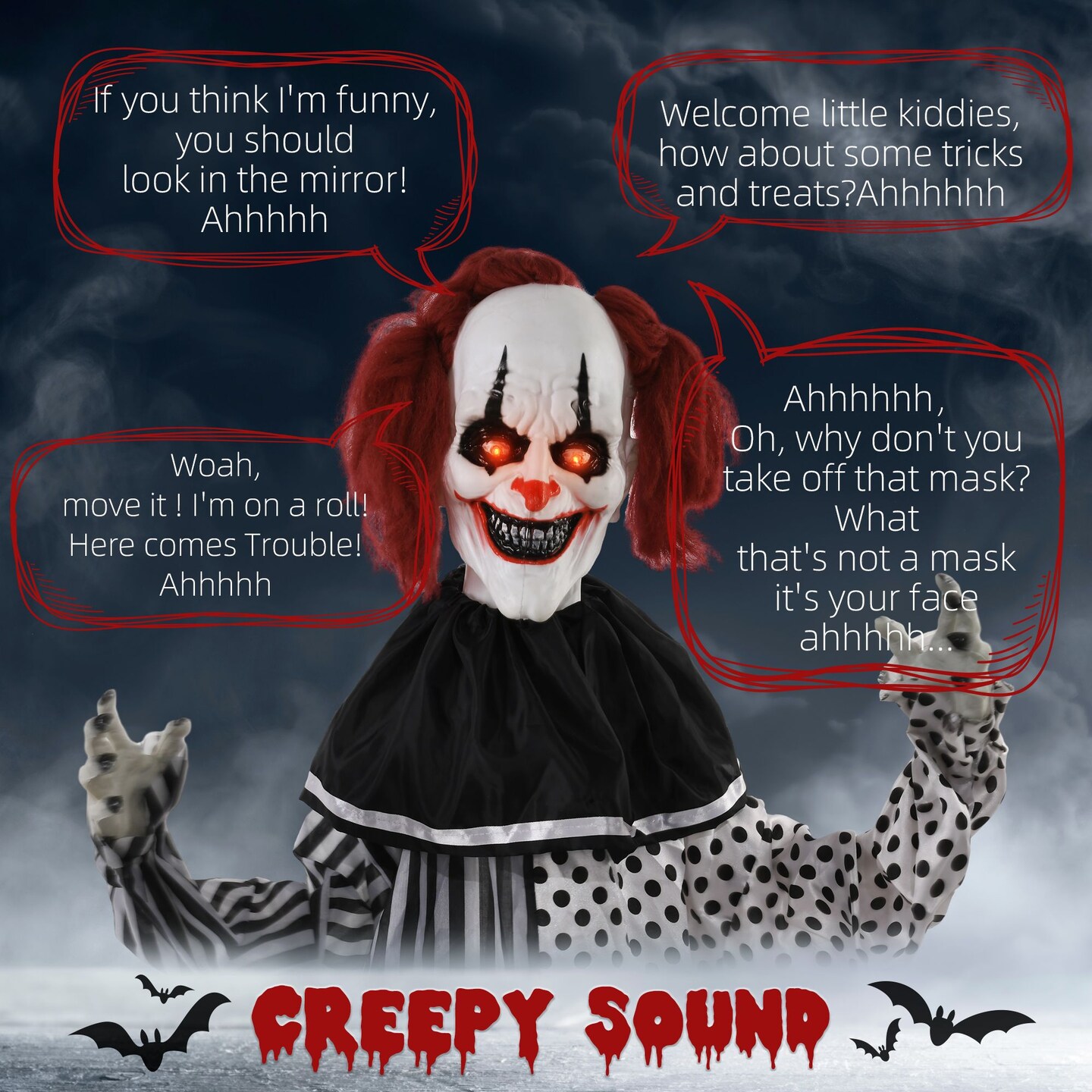 6' Clown Animatronic, Red Haired Life Size Outdoor Halloween Decoration with Motion Activated Sound & Light Up Eyes