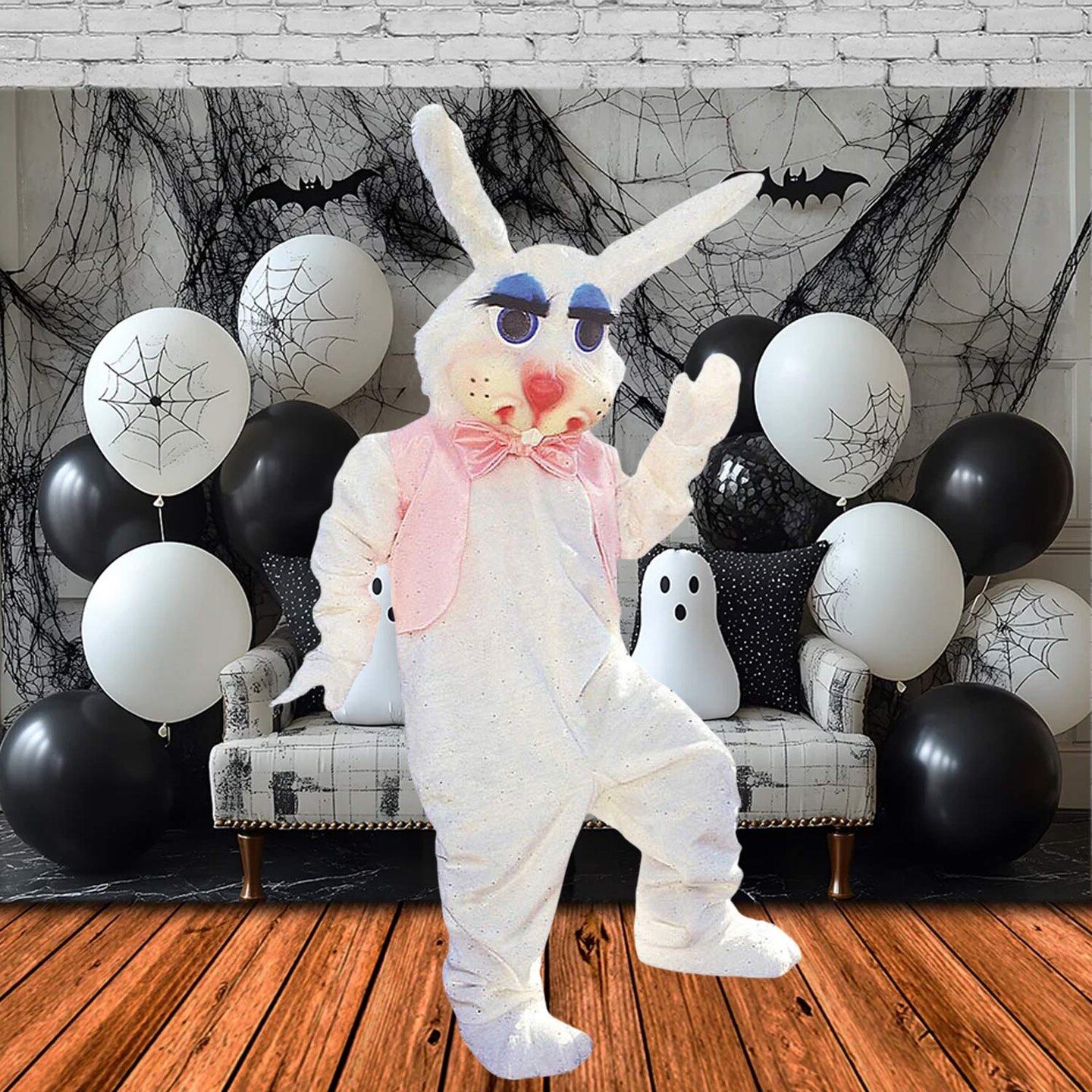 Peter Rabbit Adult Costume White Faux Fur Jumpsuit Vest Tie Mitts and Oversized Head