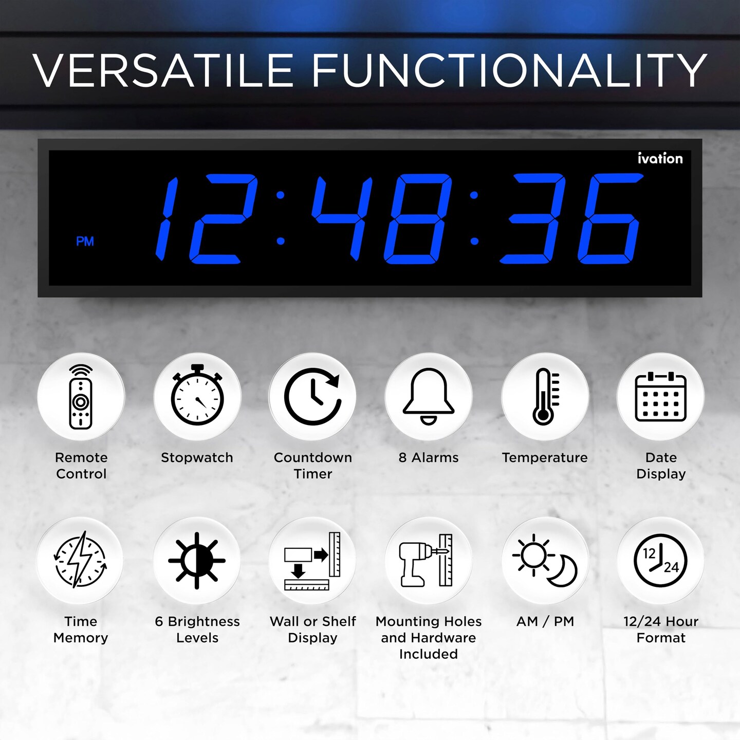 Ivation 36 in. Large Digital Wall Clock, LED Digital Clock with Timer and Alarm