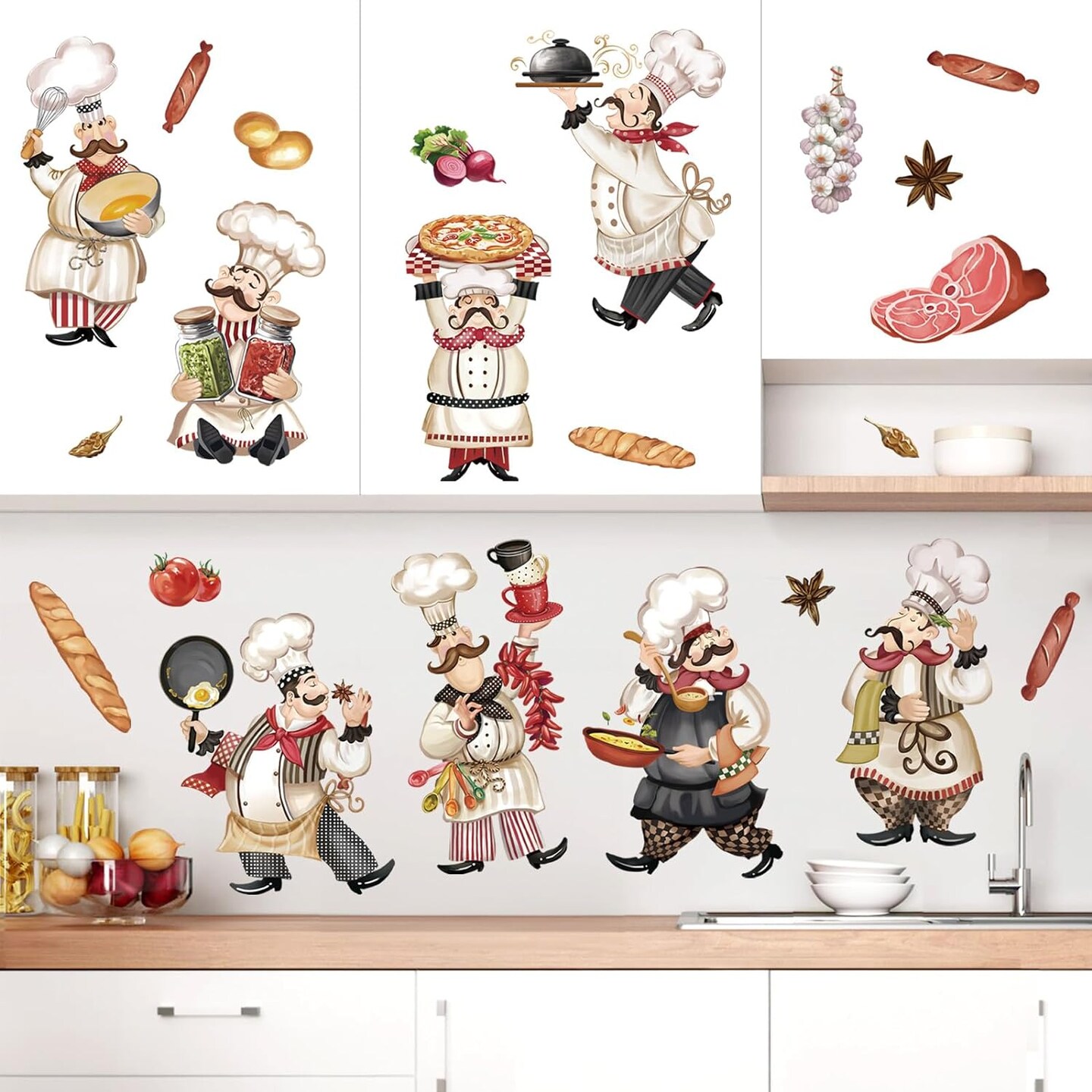Chef Kitchen Wall Stickers Food Cooking Kitchenware Peel and Stick Wall Art Decals (Multi)